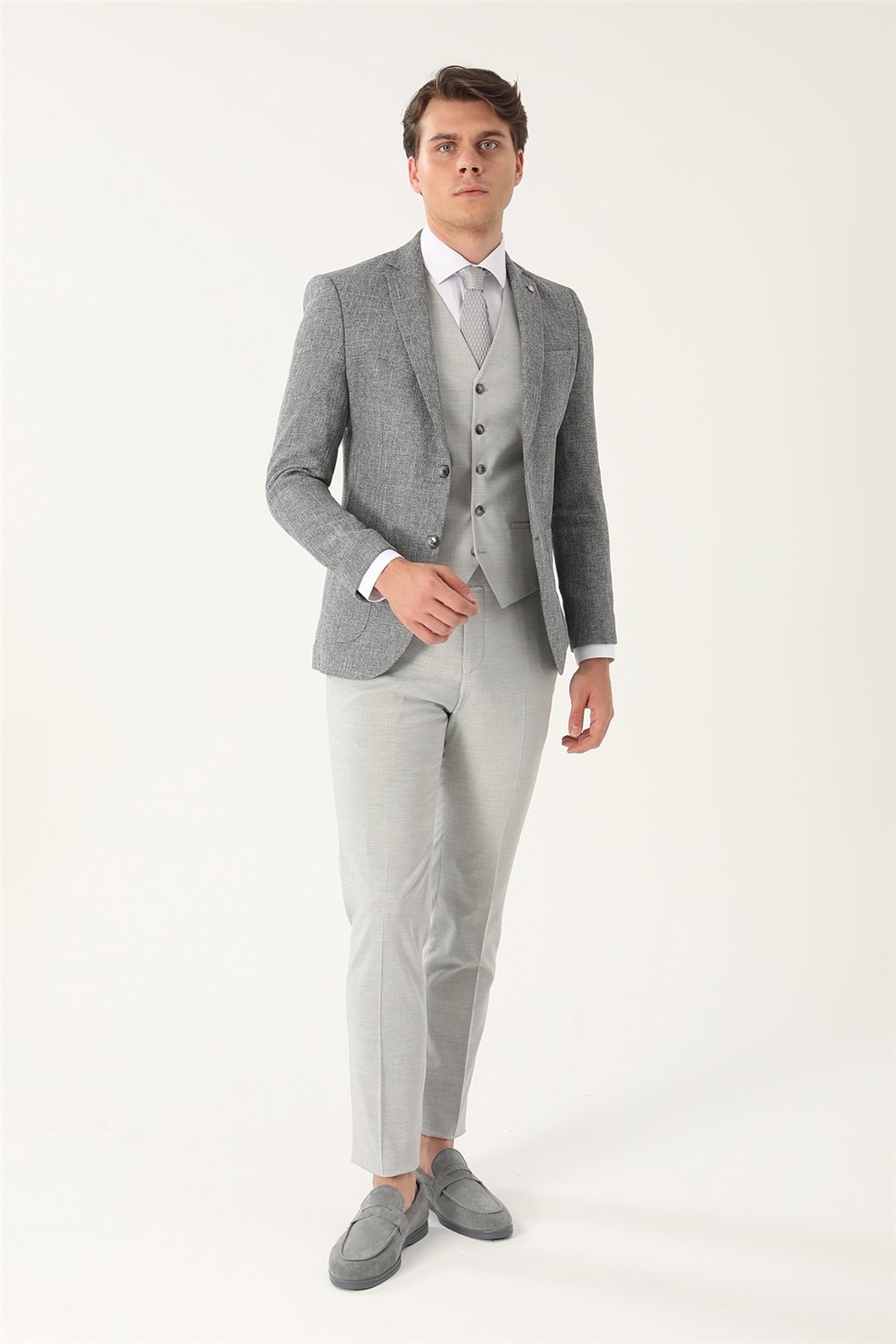 Gri Slim Fit 6 Drop Kombin Yelekli Takım Elbise