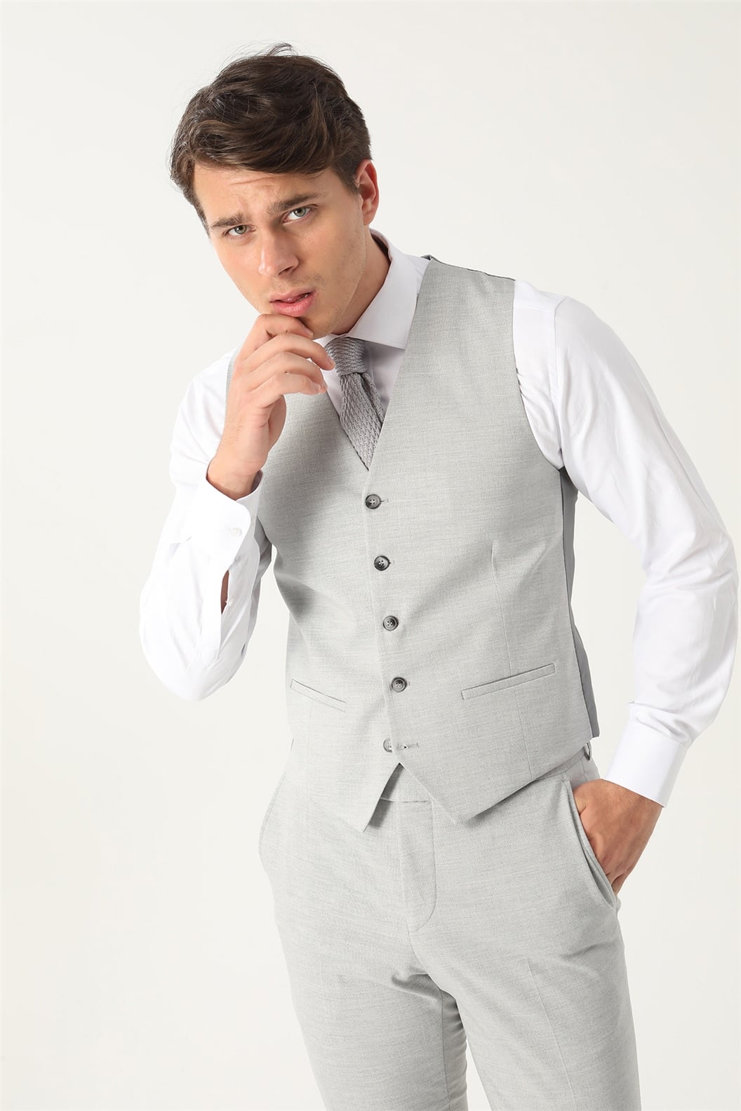 Gri Slim Fit 6 Drop Kombin Yelekli Takım Elbise