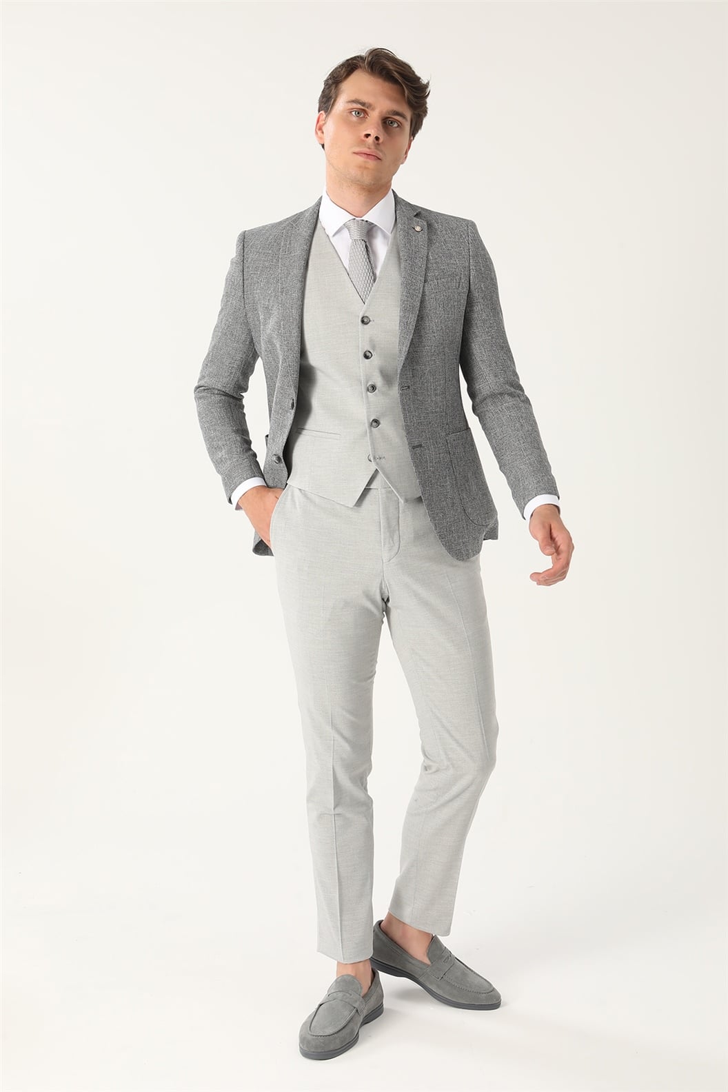 Gri Slim Fit 6 Drop Kombin Yelekli Takım Elbise
