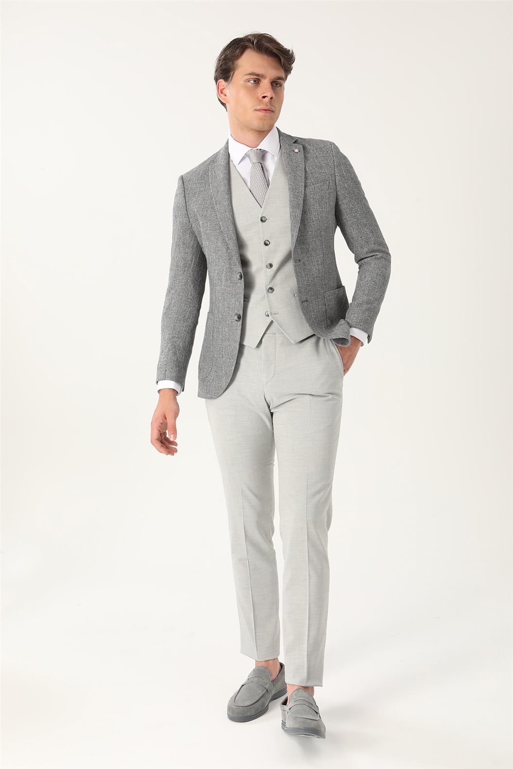 Gri Slim Fit 6 Drop Kombin Yelekli Takım Elbise