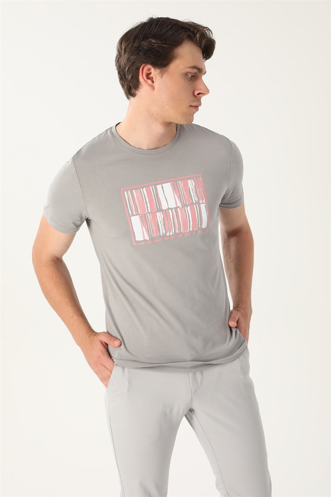 Gri Slim Fit Bisiklet Yaka Baskılı T-Shirt