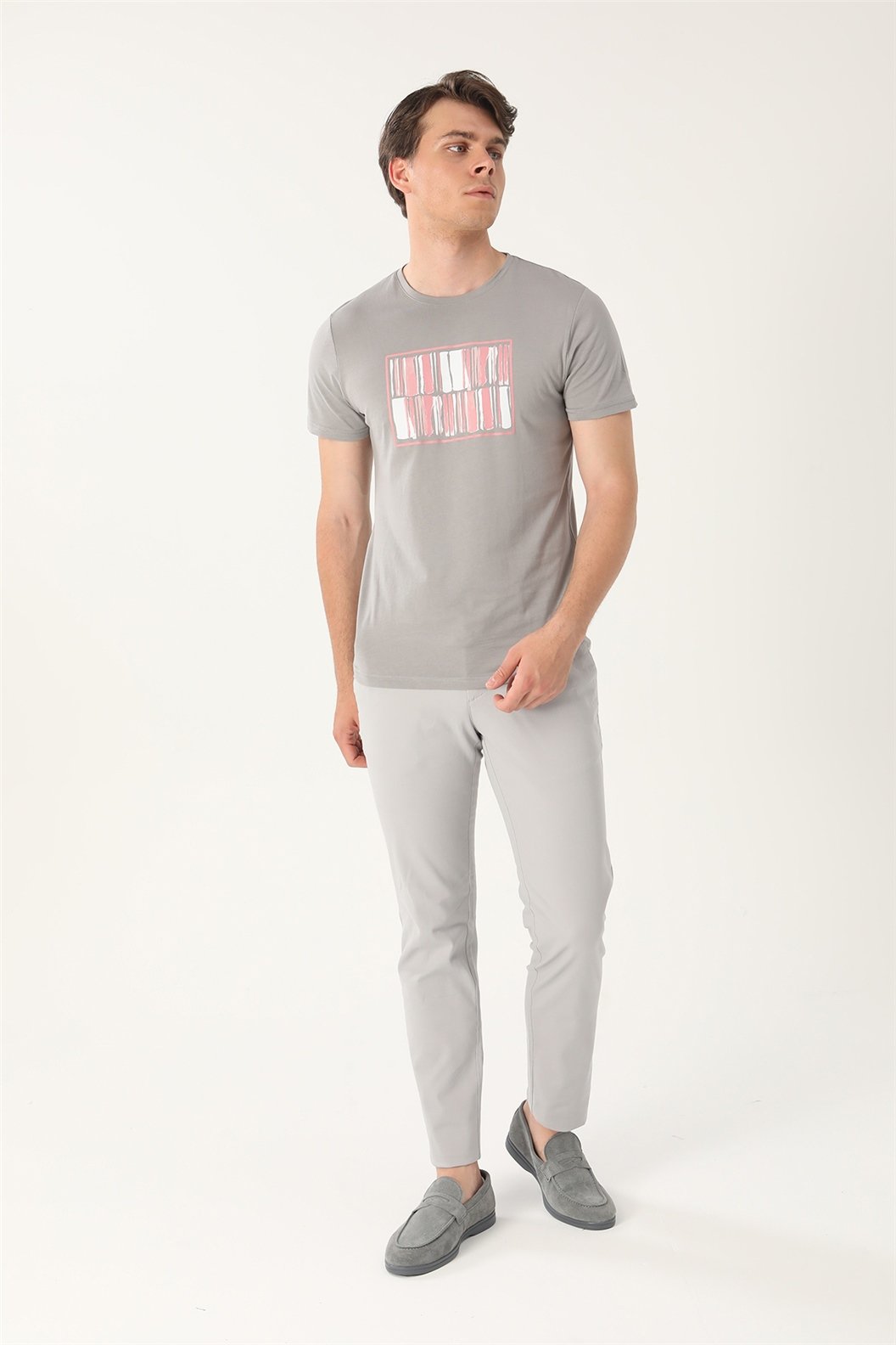 Gri Slim Fit Bisiklet Yaka Baskılı T-Shirt
