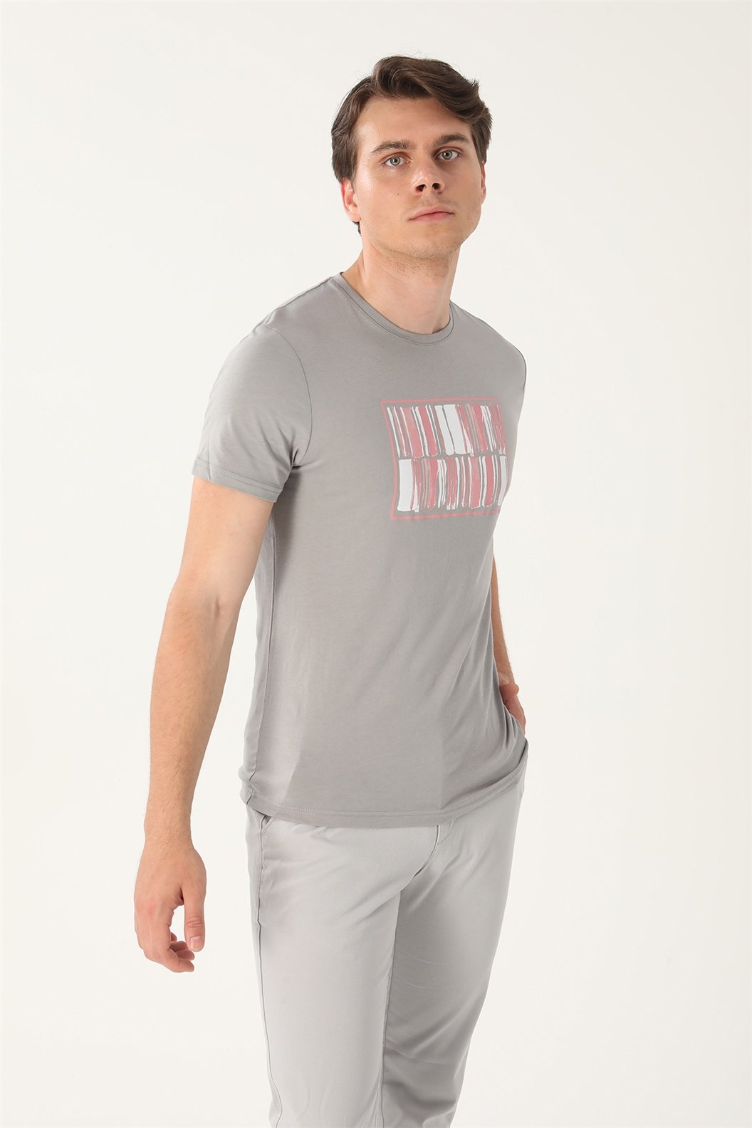 Gri Slim Fit Bisiklet Yaka Baskılı T-Shirt
