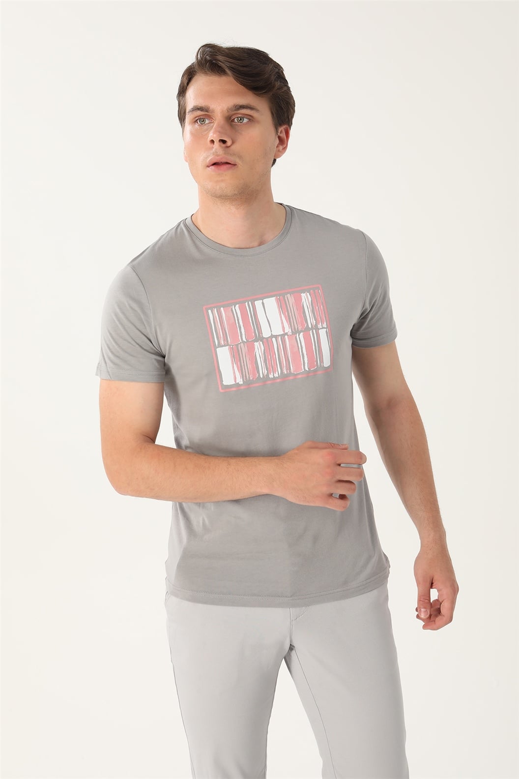 Gri Slim Fit Bisiklet Yaka Baskılı T-Shirt