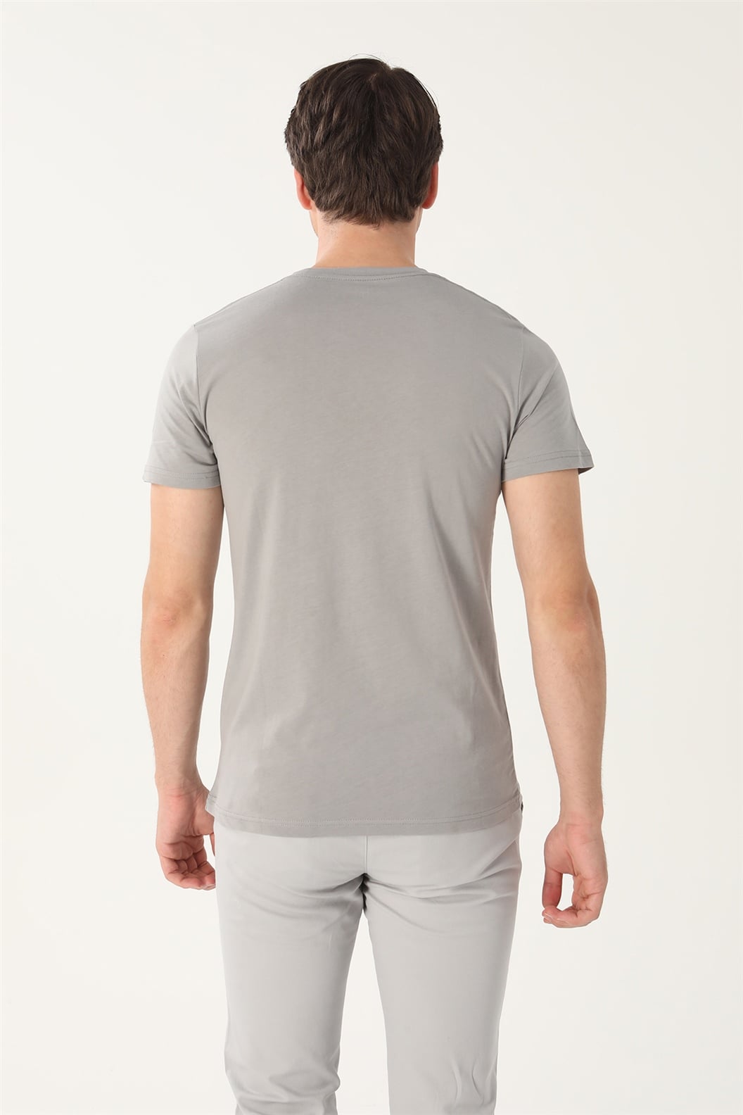 Gri Slim Fit Bisiklet Yaka Baskılı T-Shirt