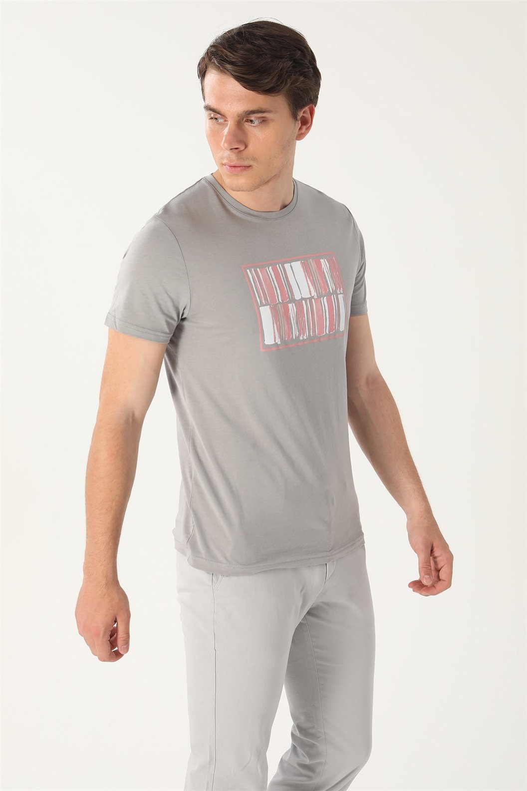 Gri Slim Fit Bisiklet Yaka Baskılı T-Shirt