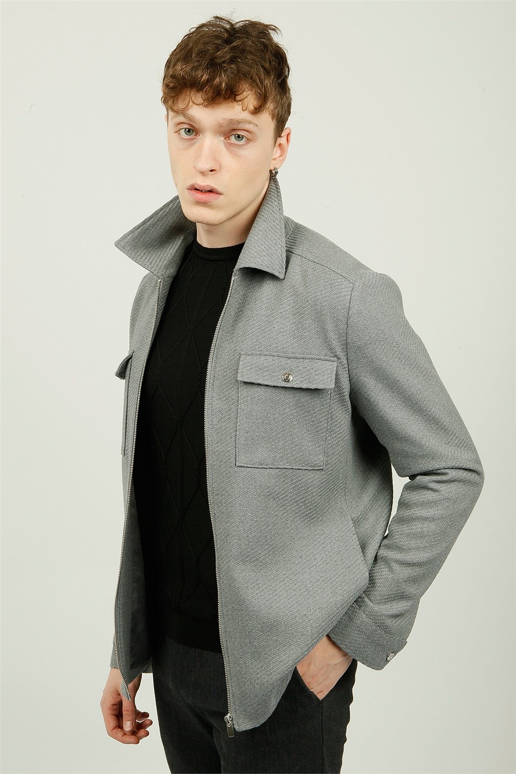 Gri Slim Fit Gömlek Ceket