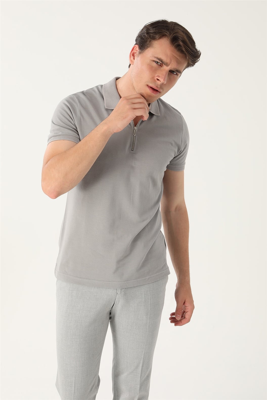 Gri Slim Fit Polo Yaka T-Shirt