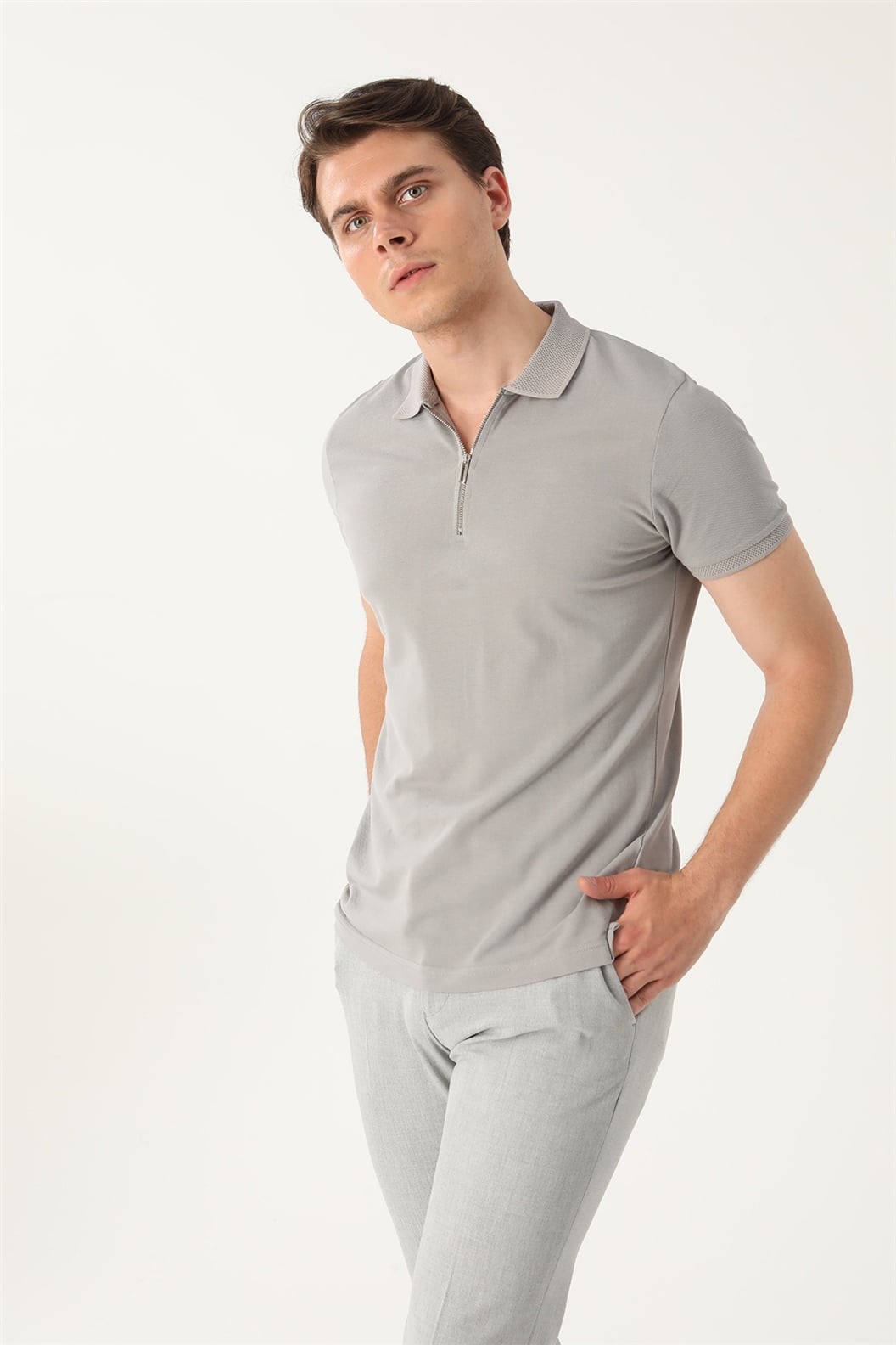Gri Slim Fit Polo Yaka T-Shirt