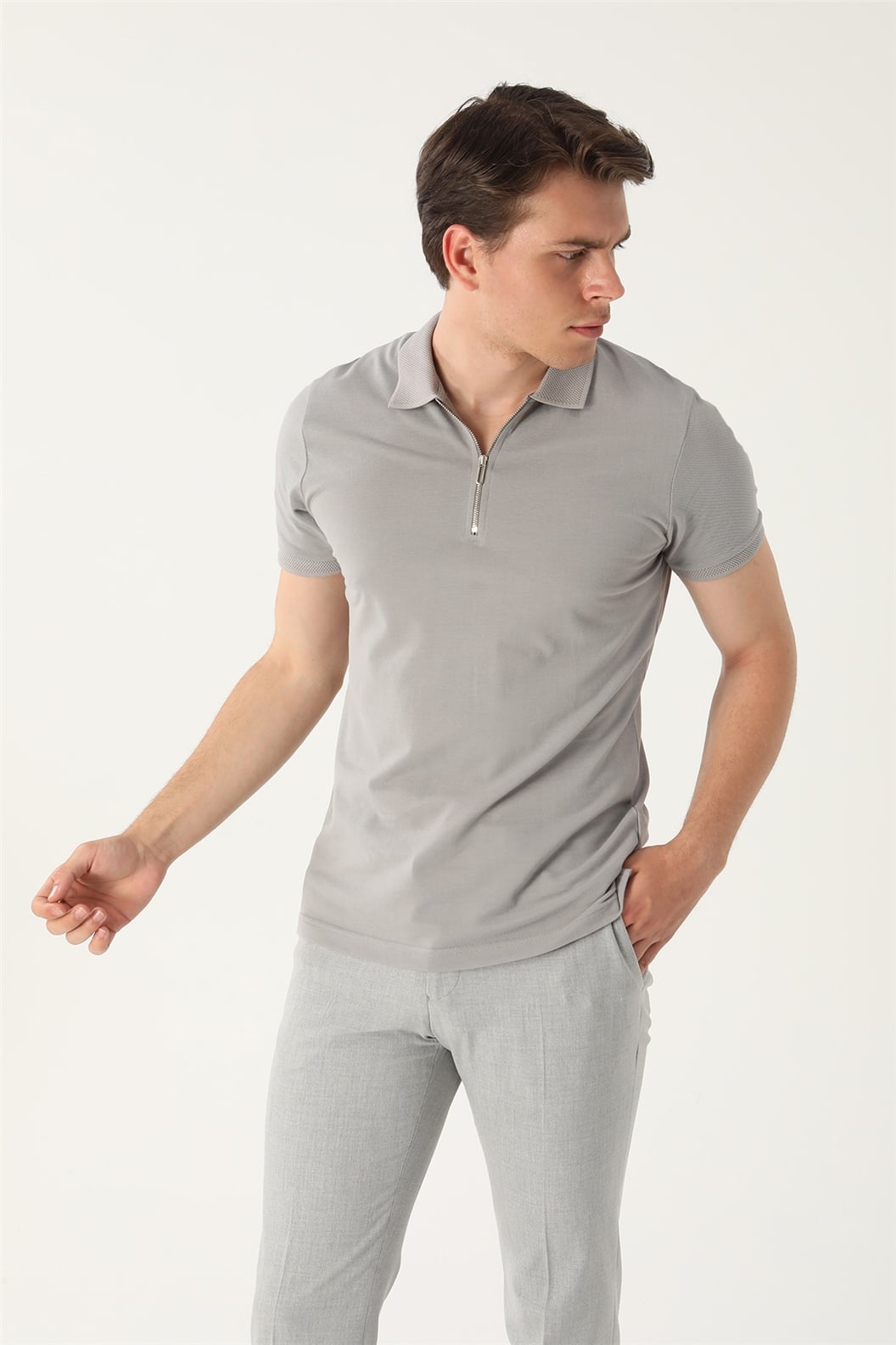 Gri Slim Fit Polo Yaka T-Shirt