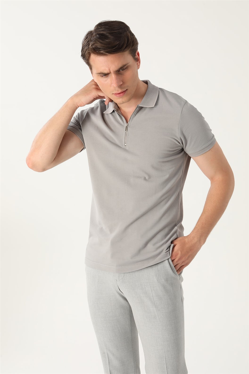 Gri Slim Fit Polo Yaka T-Shirt