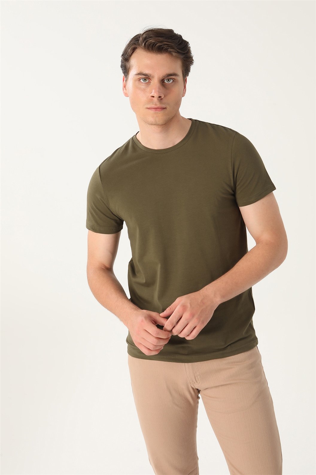 Haki Slim Fit Bisiklet Yaka Basic T-Shirt