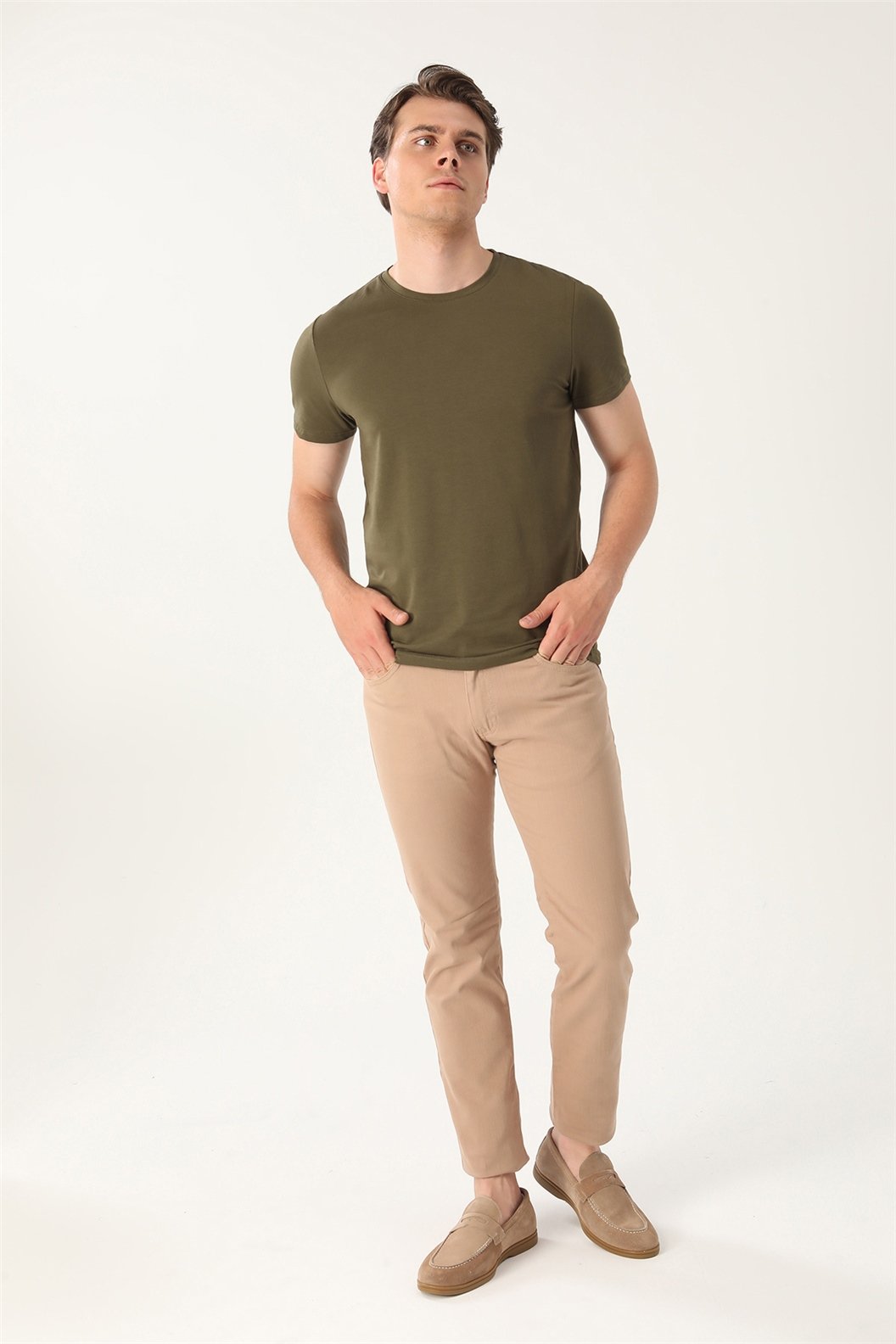 Haki Slim Fit Bisiklet Yaka Basic T-Shirt