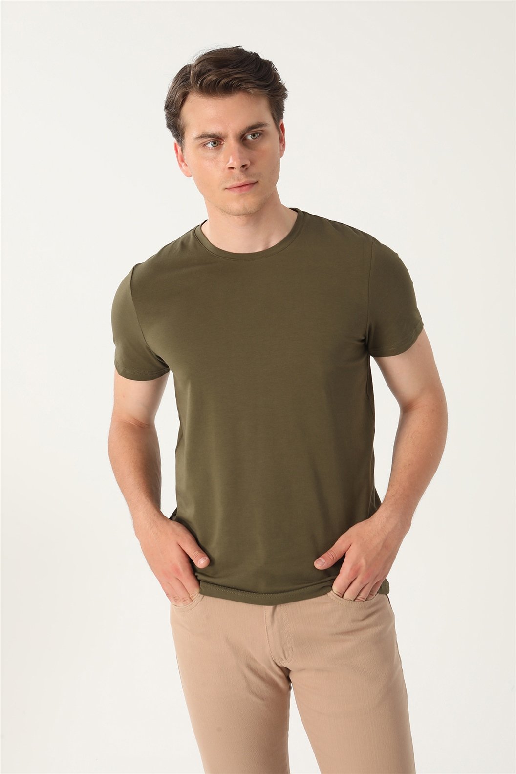 Haki Slim Fit Bisiklet Yaka Basic T-Shirt