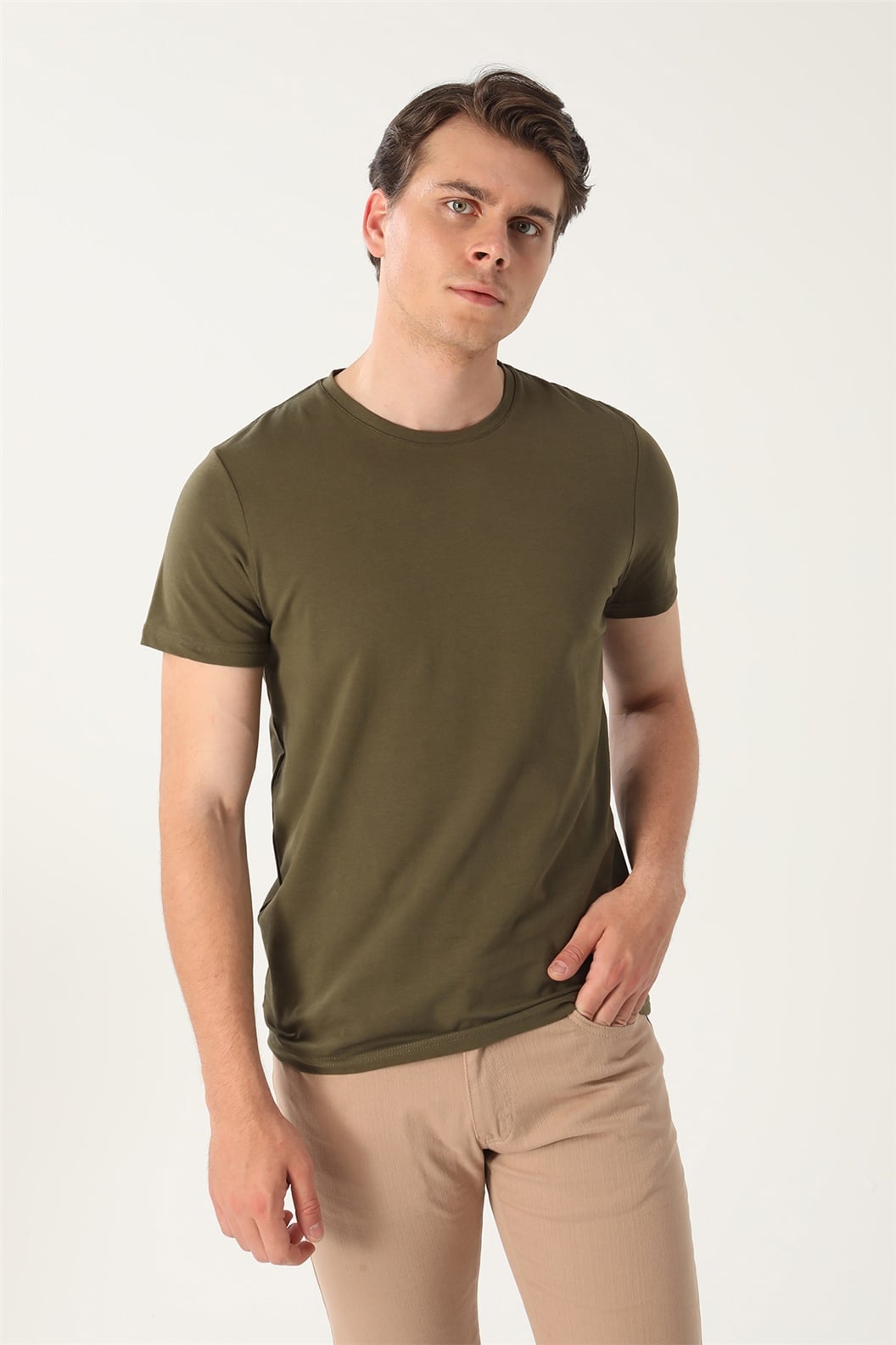 Haki Slim Fit Bisiklet Yaka Basic T-Shirt