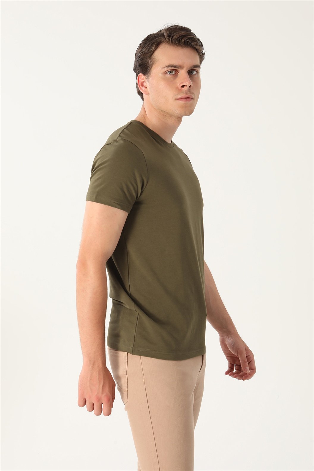 Haki Slim Fit Bisiklet Yaka Basic T-Shirt