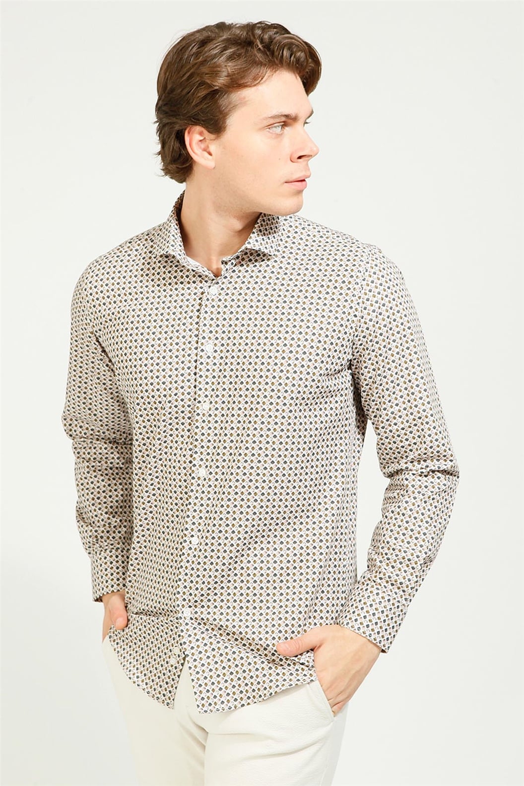 Haki Slim Fit Uzun Kol Gömlek