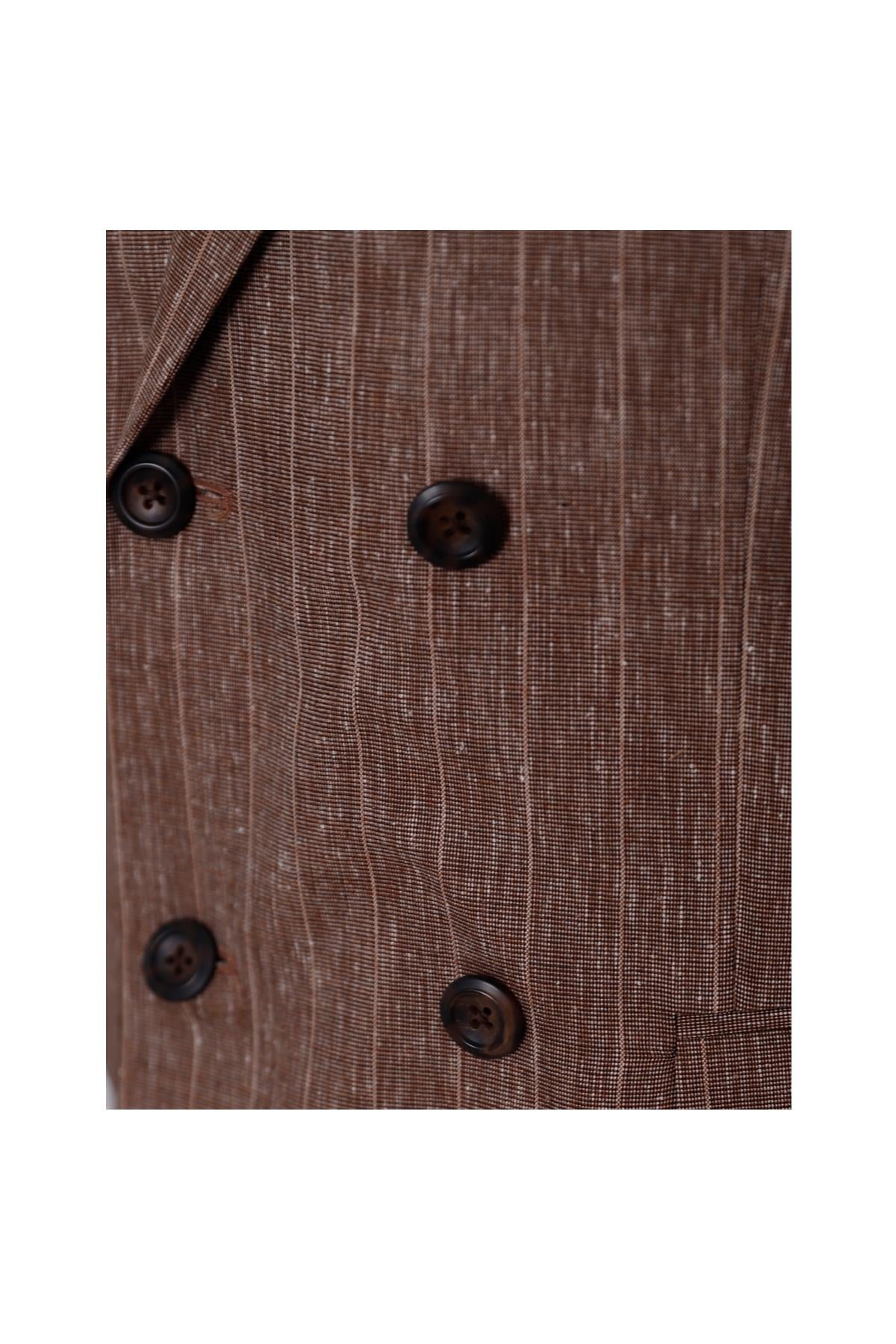 KAHVE Comfort Fit , Keten , Kruvaze 6 Düğme , Çift Yırtmaçlı, Çizgili Takım Elbise