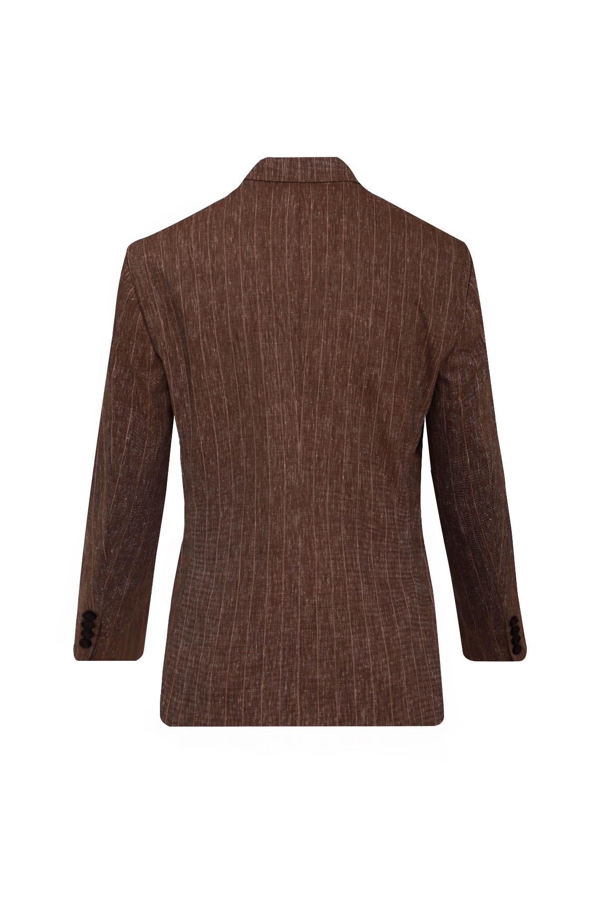 KAHVE Comfort Fit , Keten , Kruvaze 6 Düğme , Çift Yırtmaçlı, Çizgili Takım Elbise