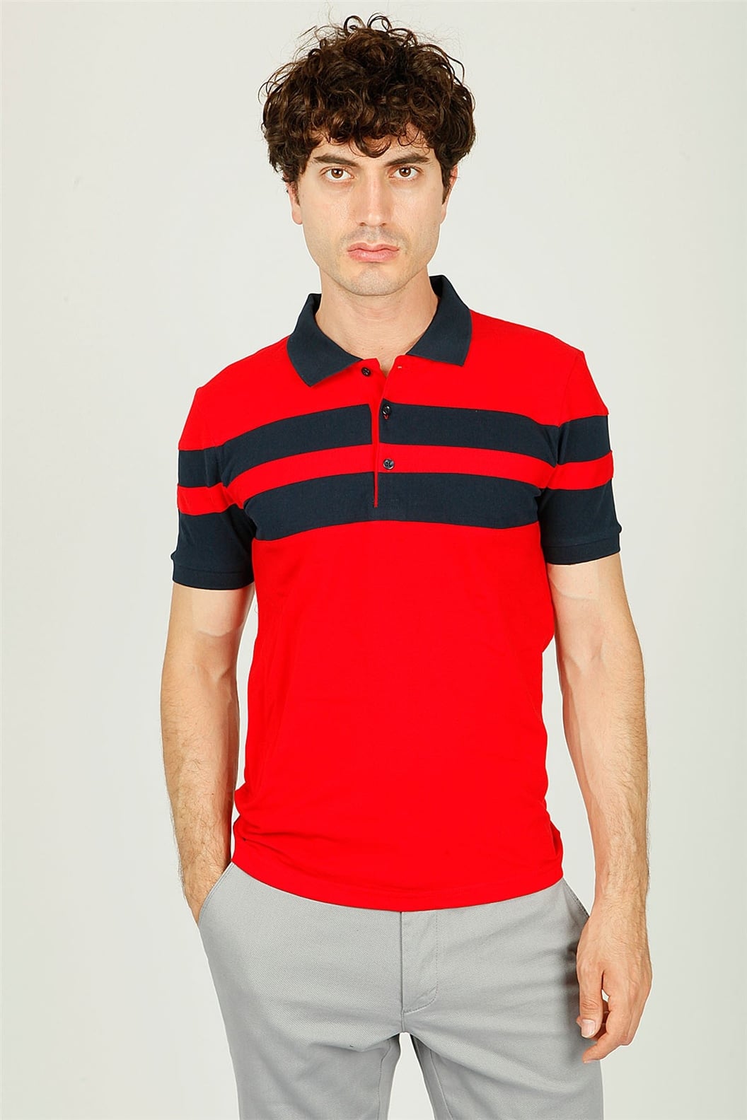 Kırmızı - Lacivert Polo Yaka Comfort Fit T-shirt