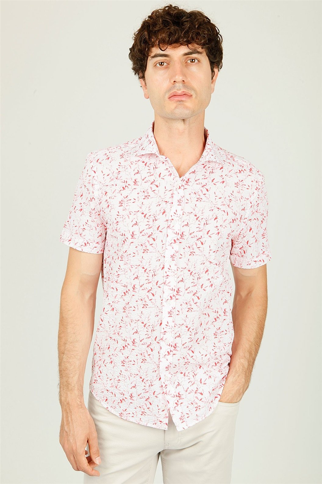 Kırmızı Slim Fit Kısa Kol Gömlek