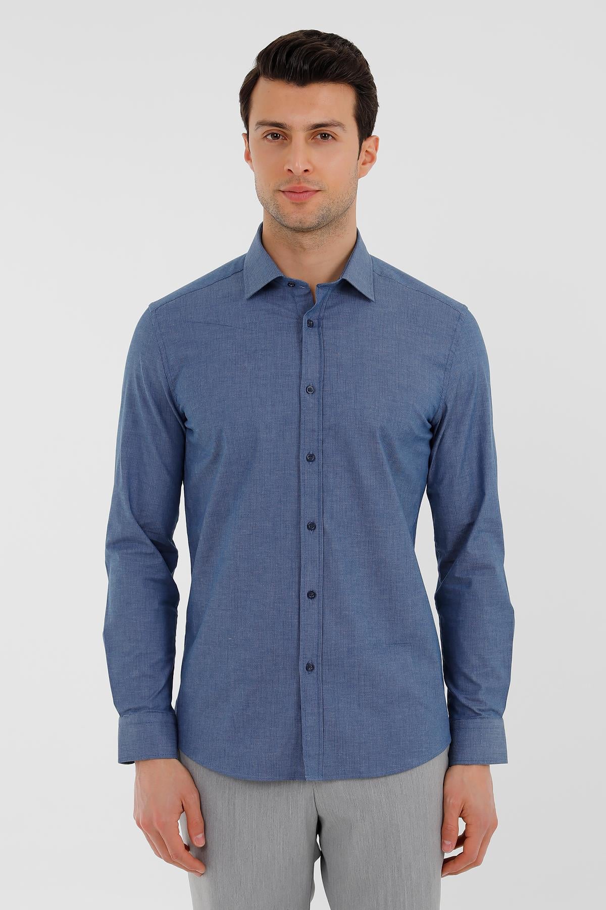 Koyu Mavi Slim Fit Uzun Kol Gömlek