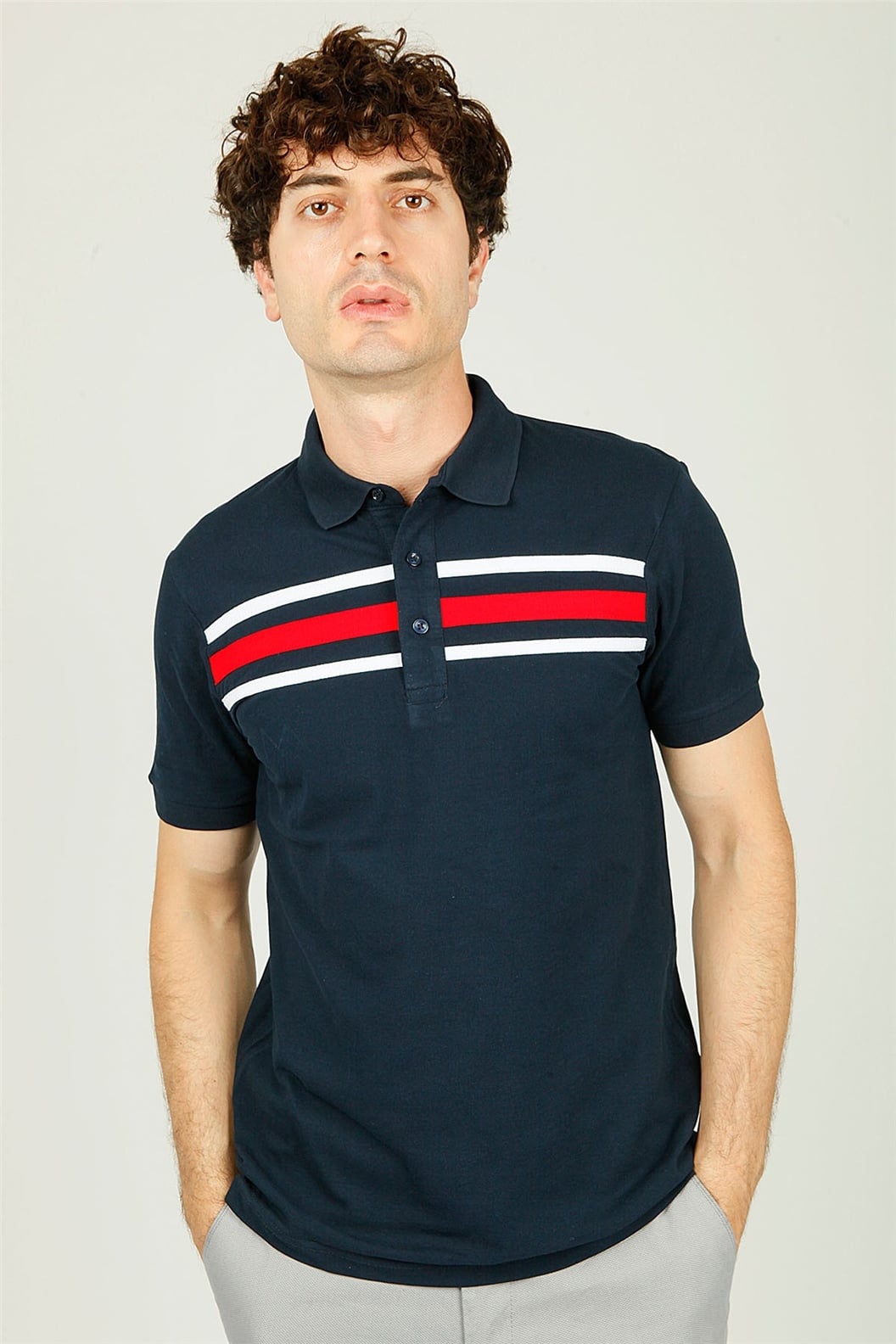 Lacivert - Beyaz - Kırmızı Polo Yaka Comfort Fit T-shirt