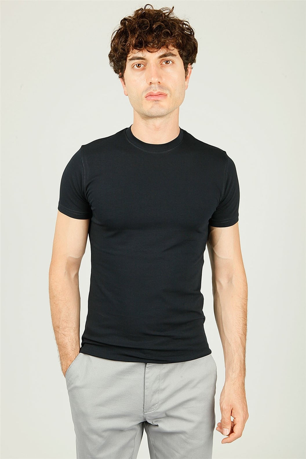 Lacivert Bisiklet Yaka Basic Slim Fit T-shirt