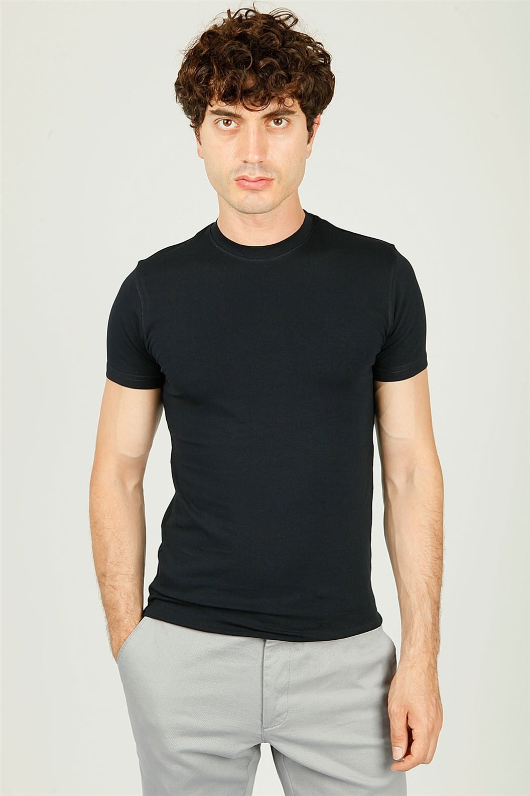 Lacivert Bisiklet Yaka Basic Slim Fit T-shirt