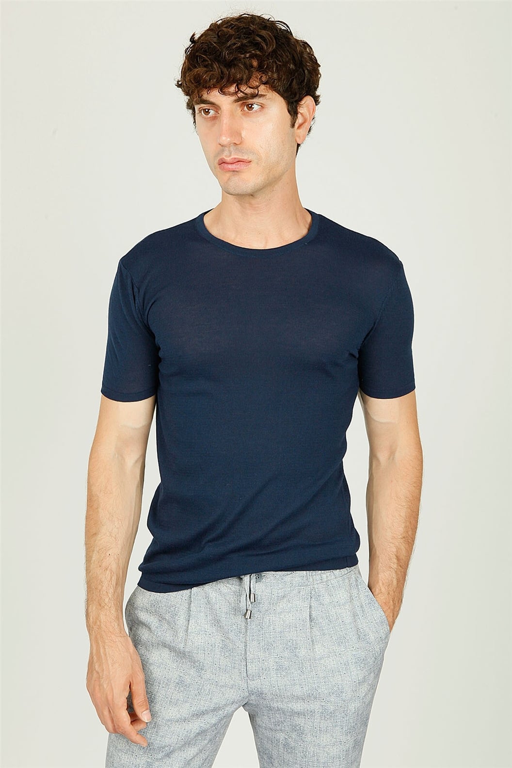 Lacivert Bisiklet Yaka Comfort Fit Triko T-shirt