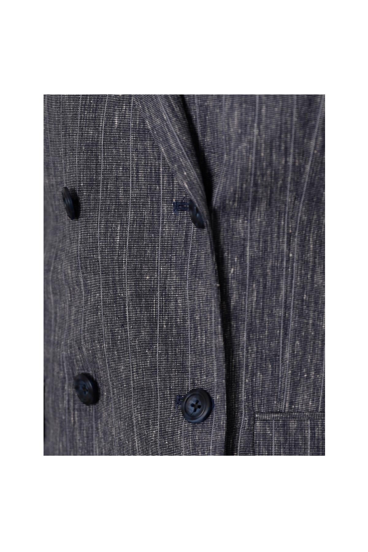 LACİVERT Comfort Fit , Keten , Kruvaze 6 Düğme , Çift Yırtmaçlı, Çizgili Takım Elbise