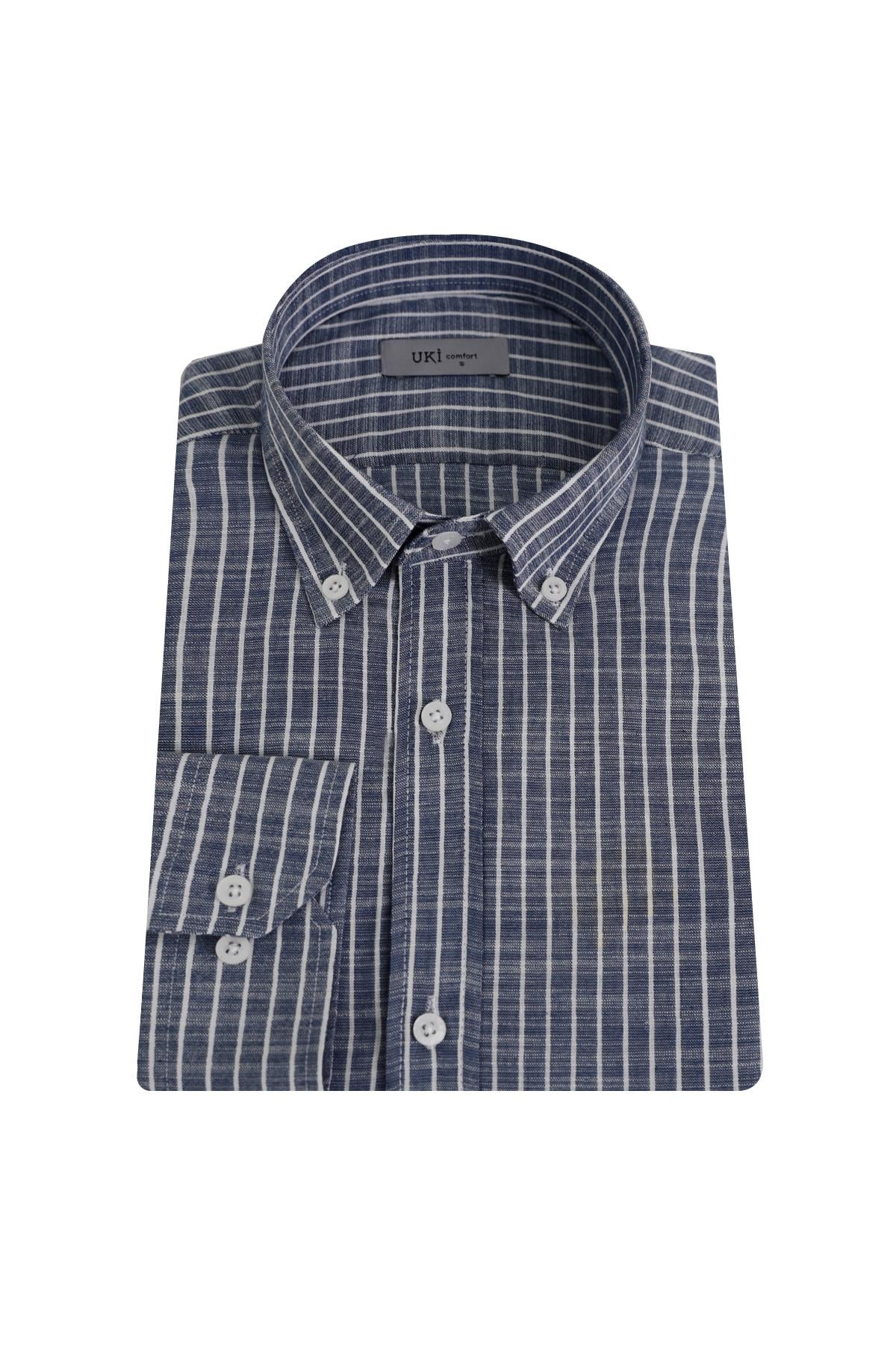 LACİVERT Keten , Confort Fit , Uzun Kol , Çizgili Gömlek
