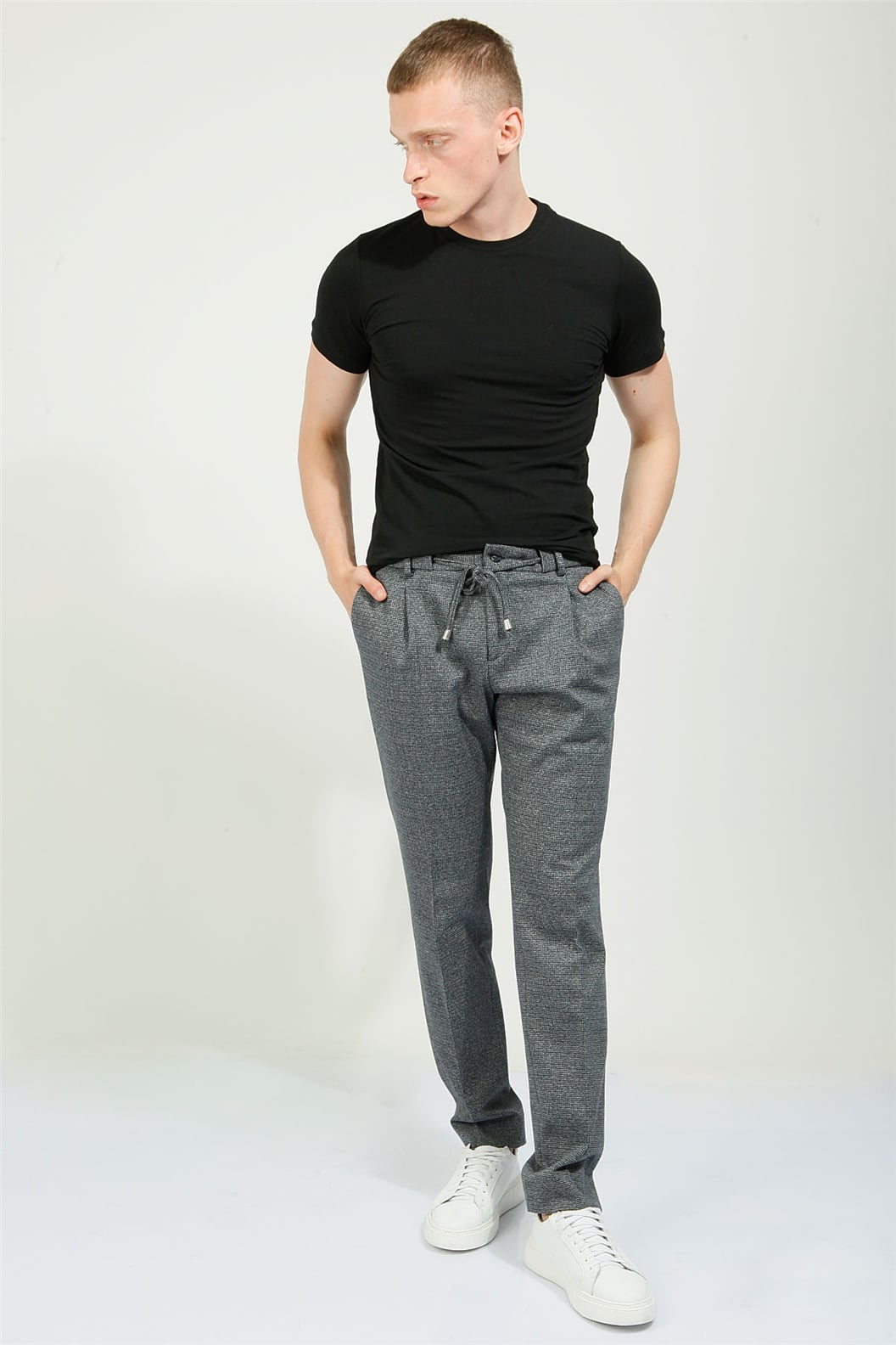 Lacivert Slim Fit Bağcıklı Tek Pile Jogger Pantolon