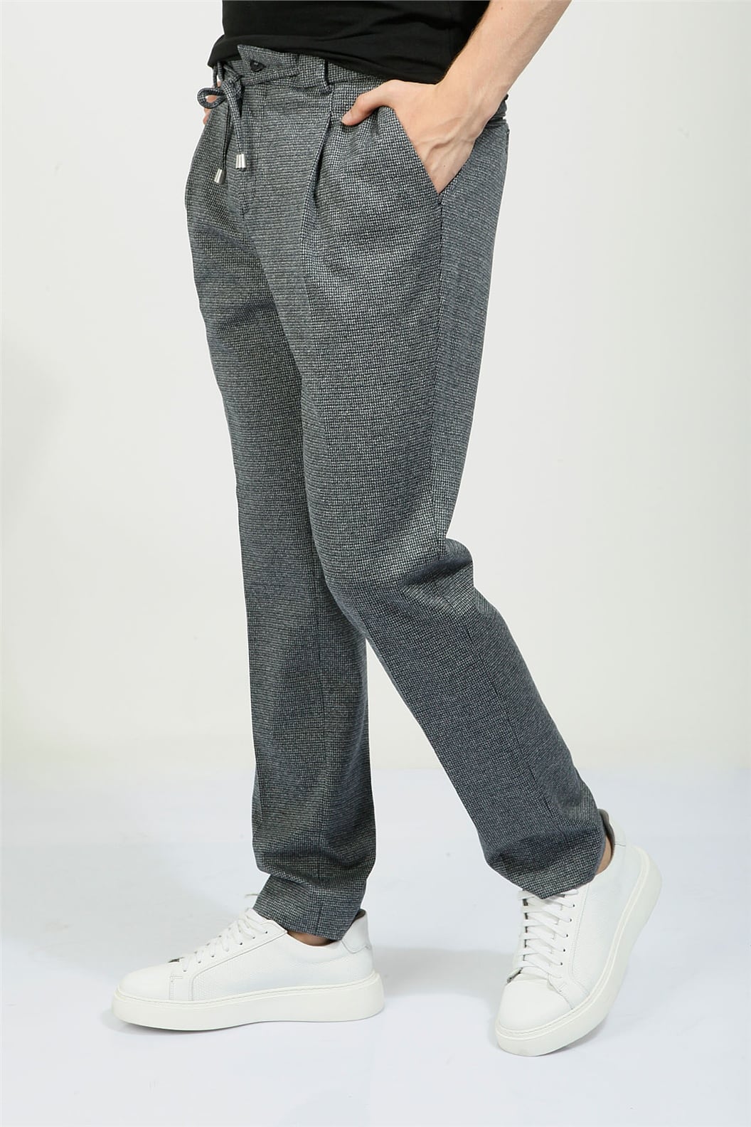 Lacivert Slim Fit Bağcıklı Tek Pile Jogger Pantolon