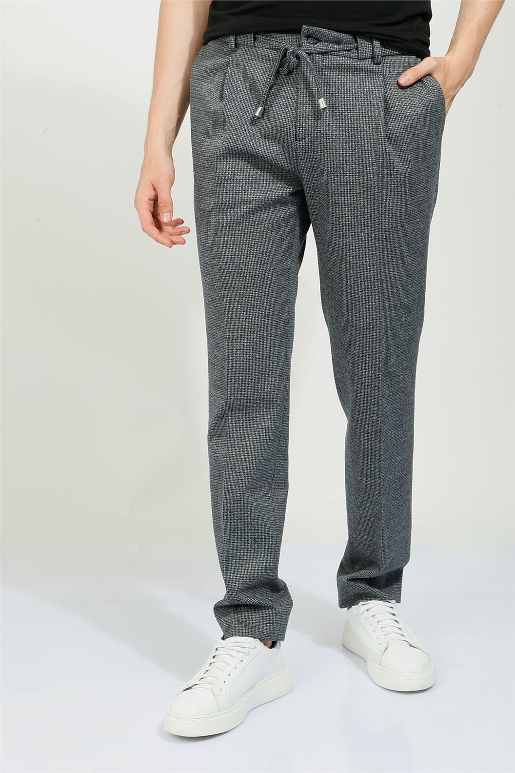 Lacivert Slim Fit Bağcıklı Tek Pile Jogger Pantolon
