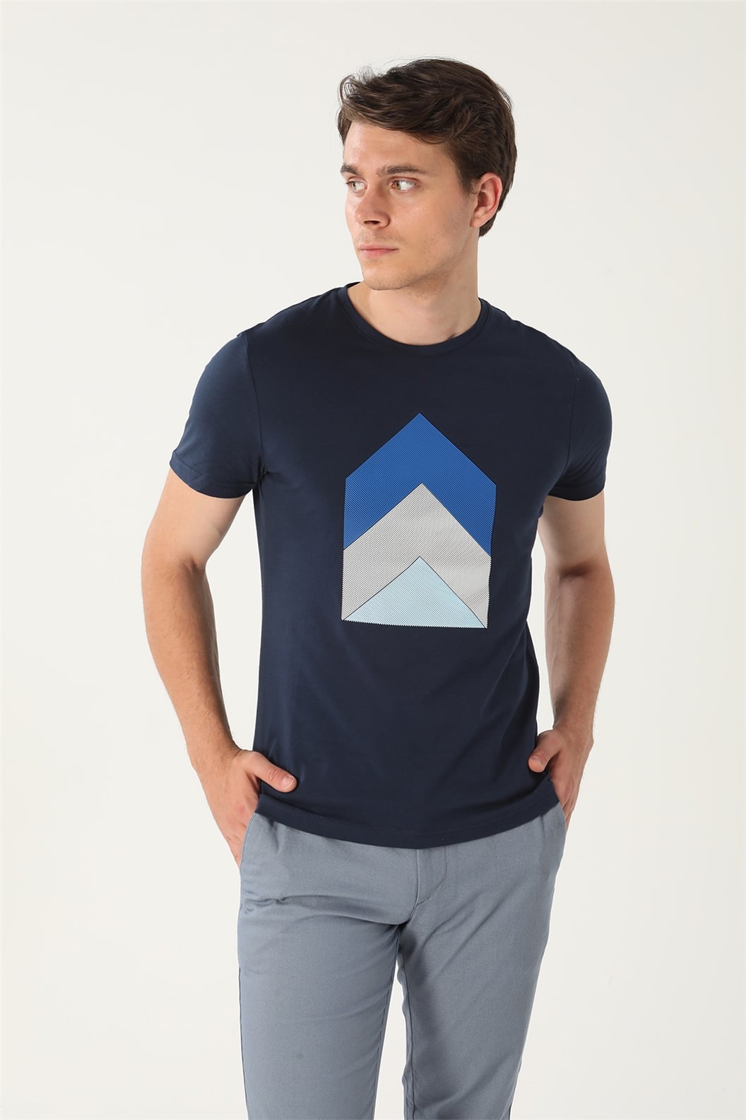 Lacivert Slim Fit Bisiklet Yaka Baskılı T-Shirt