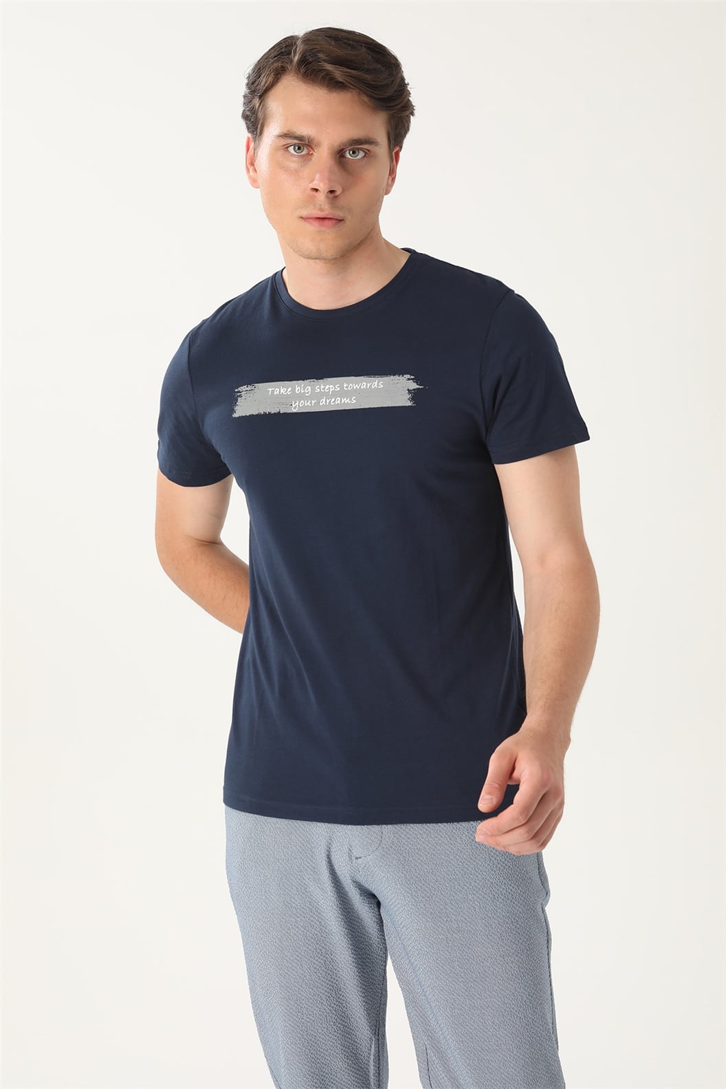 Lacivert Slim Fit Bisiklet Yaka Baskılı T-Shirt