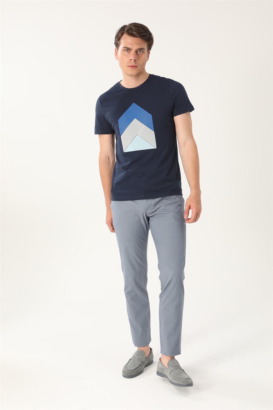 Lacivert Slim Fit Bisiklet Yaka Baskılı T-Shirt