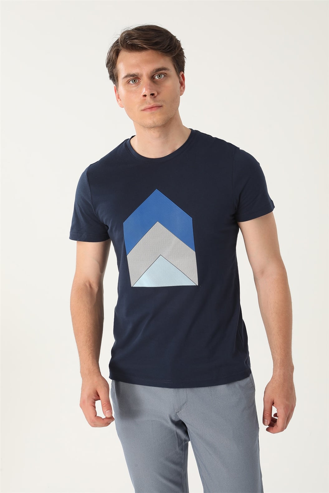 Lacivert Slim Fit Bisiklet Yaka Baskılı T-Shirt