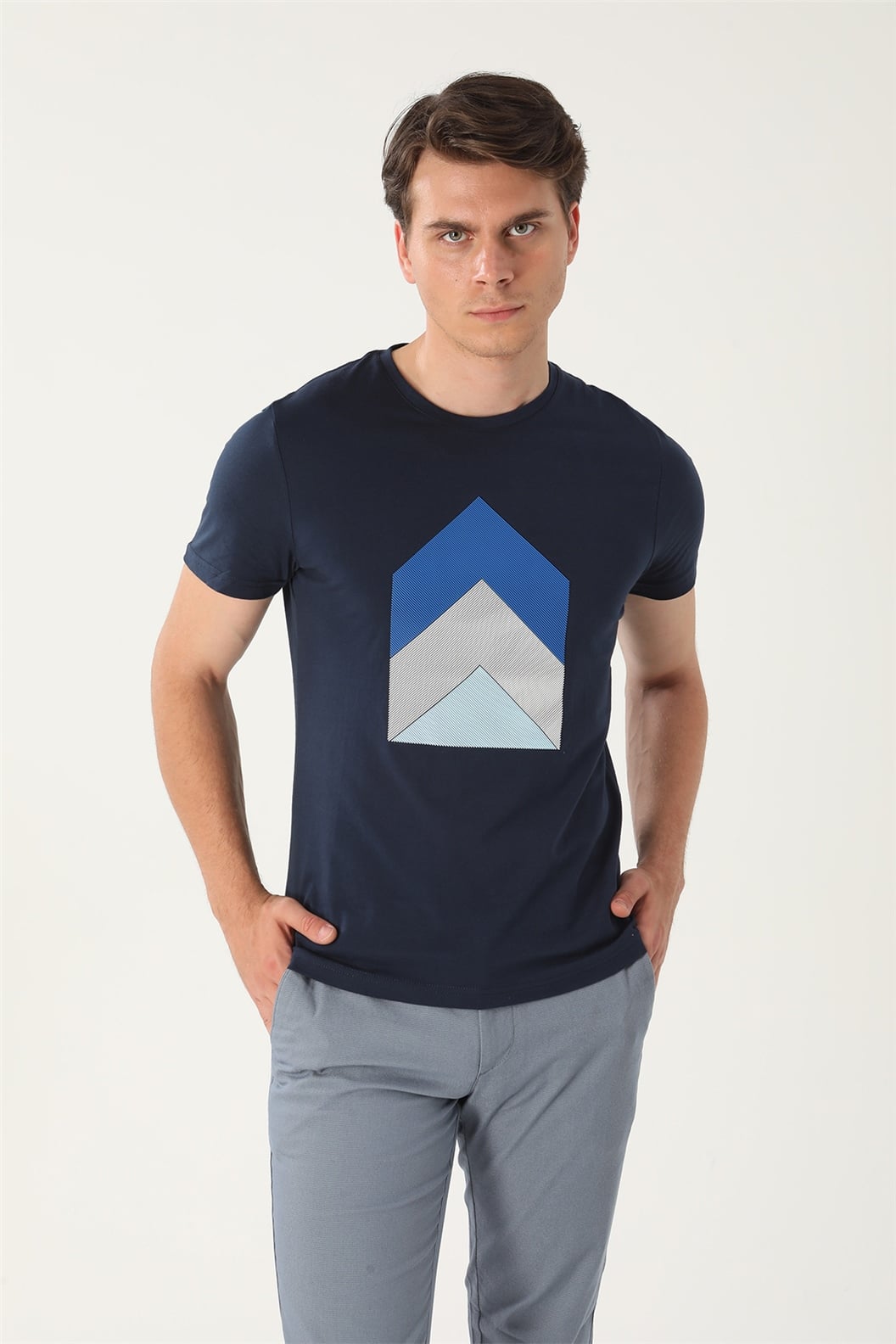 Lacivert Slim Fit Bisiklet Yaka Baskılı T-Shirt