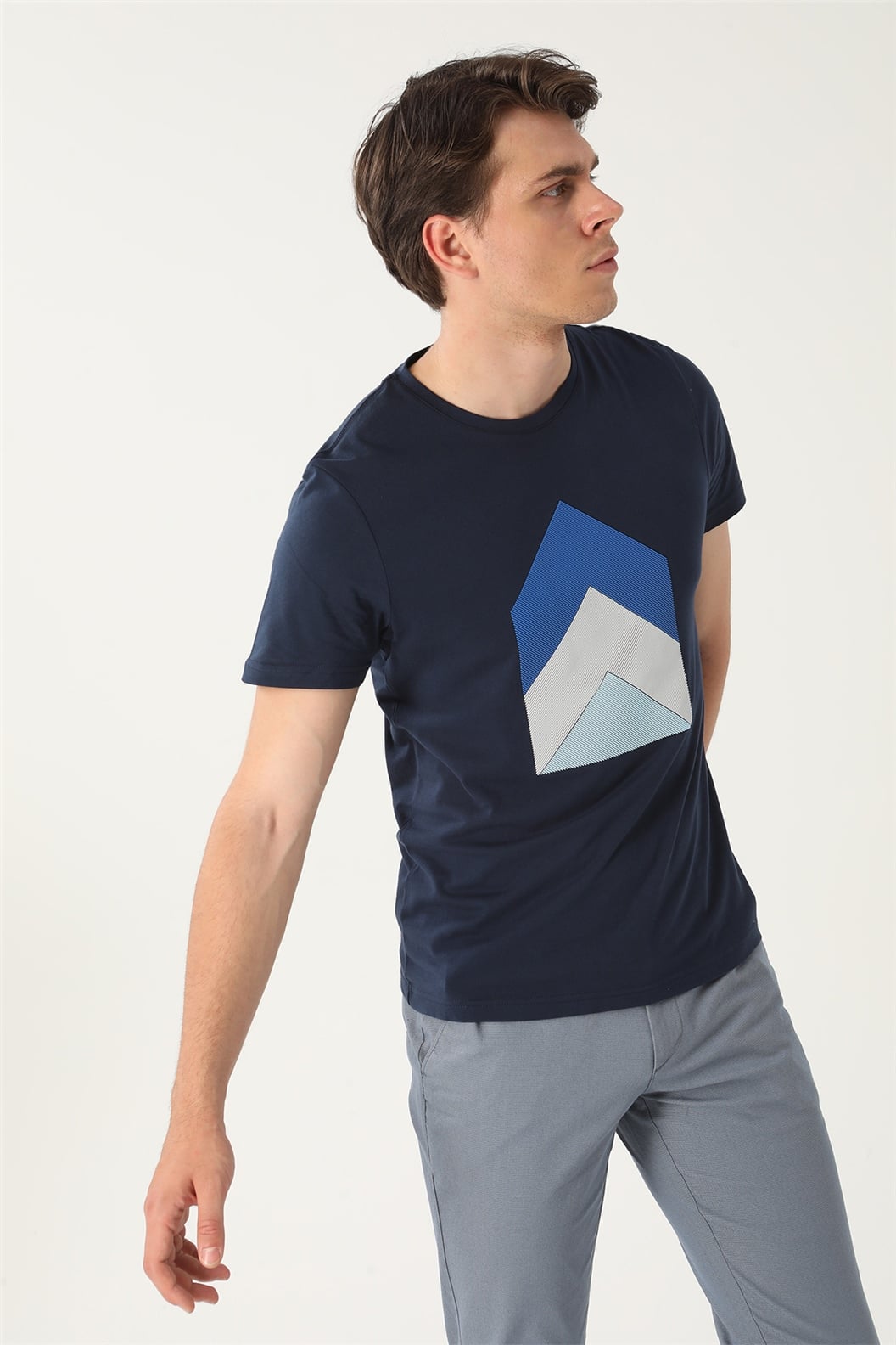 Lacivert Slim Fit Bisiklet Yaka Baskılı T-Shirt