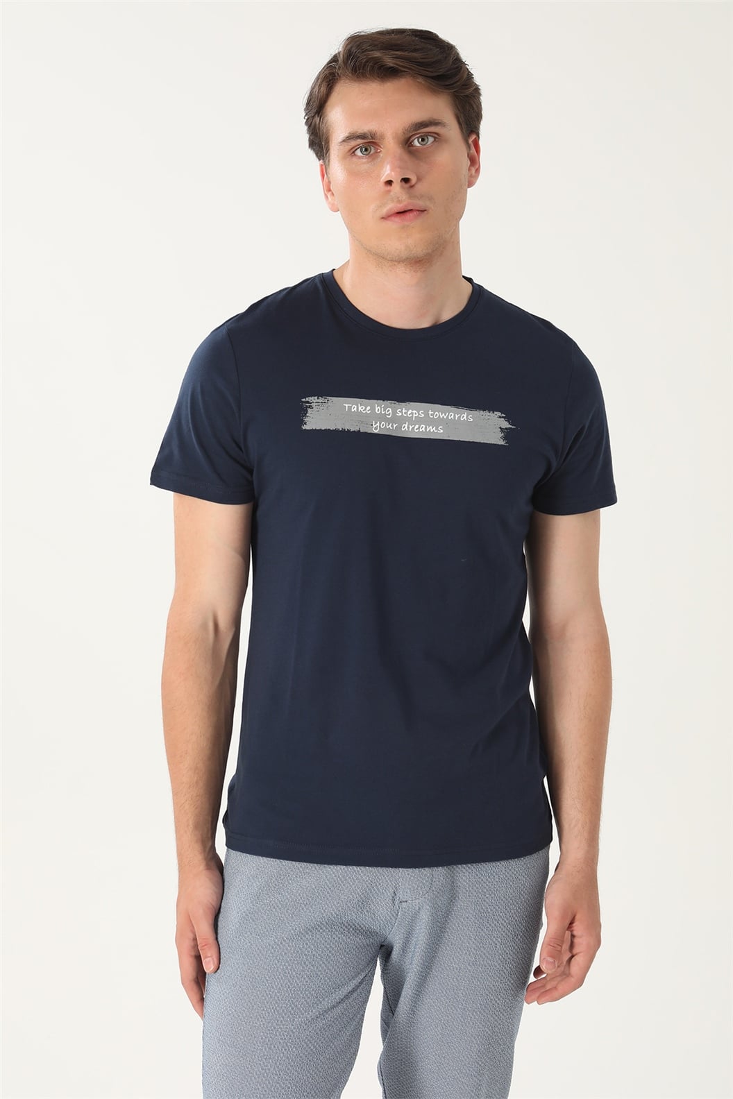 Lacivert Slim Fit Bisiklet Yaka Baskılı T-Shirt