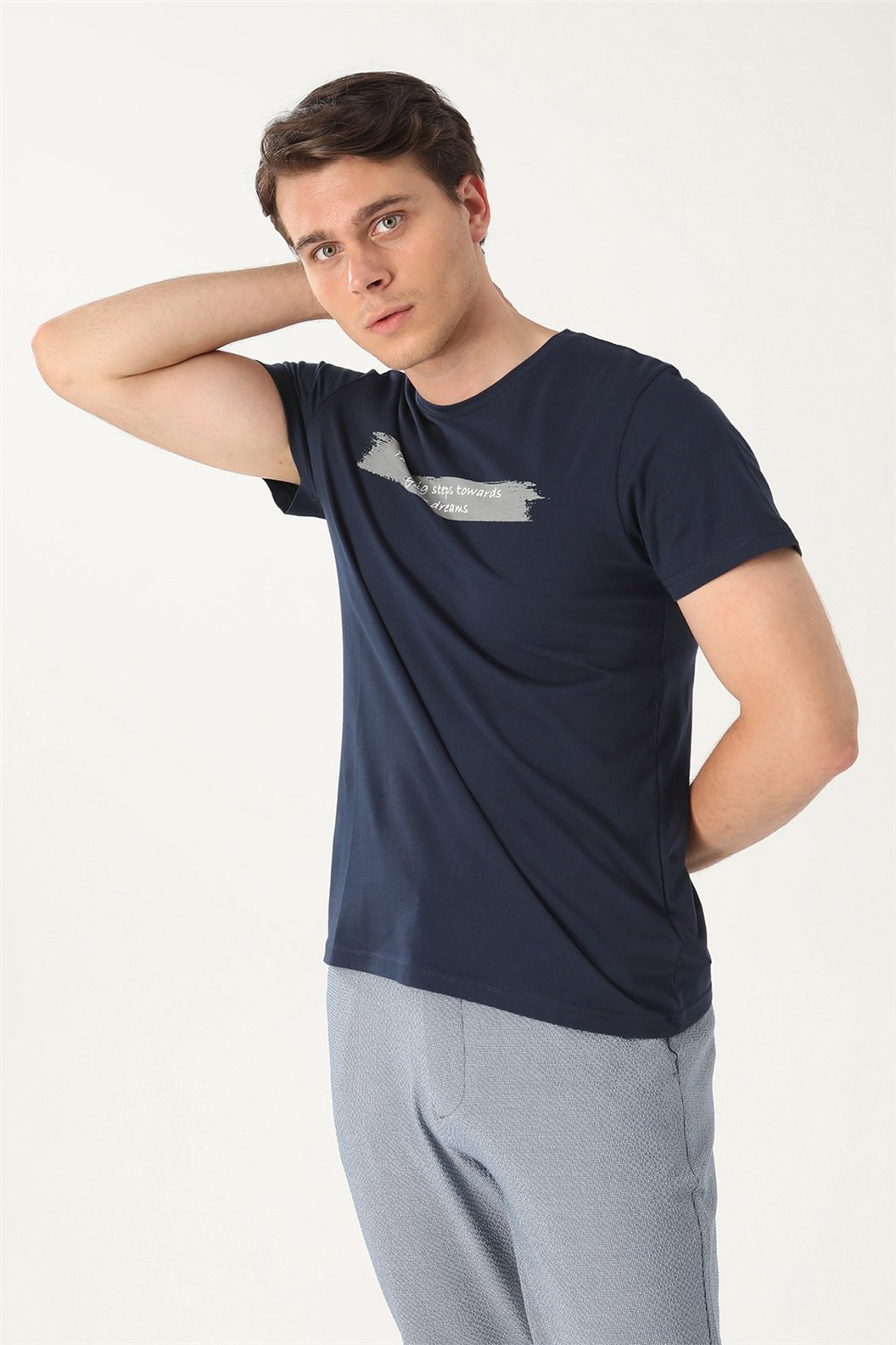 Lacivert Slim Fit Bisiklet Yaka Baskılı T-Shirt