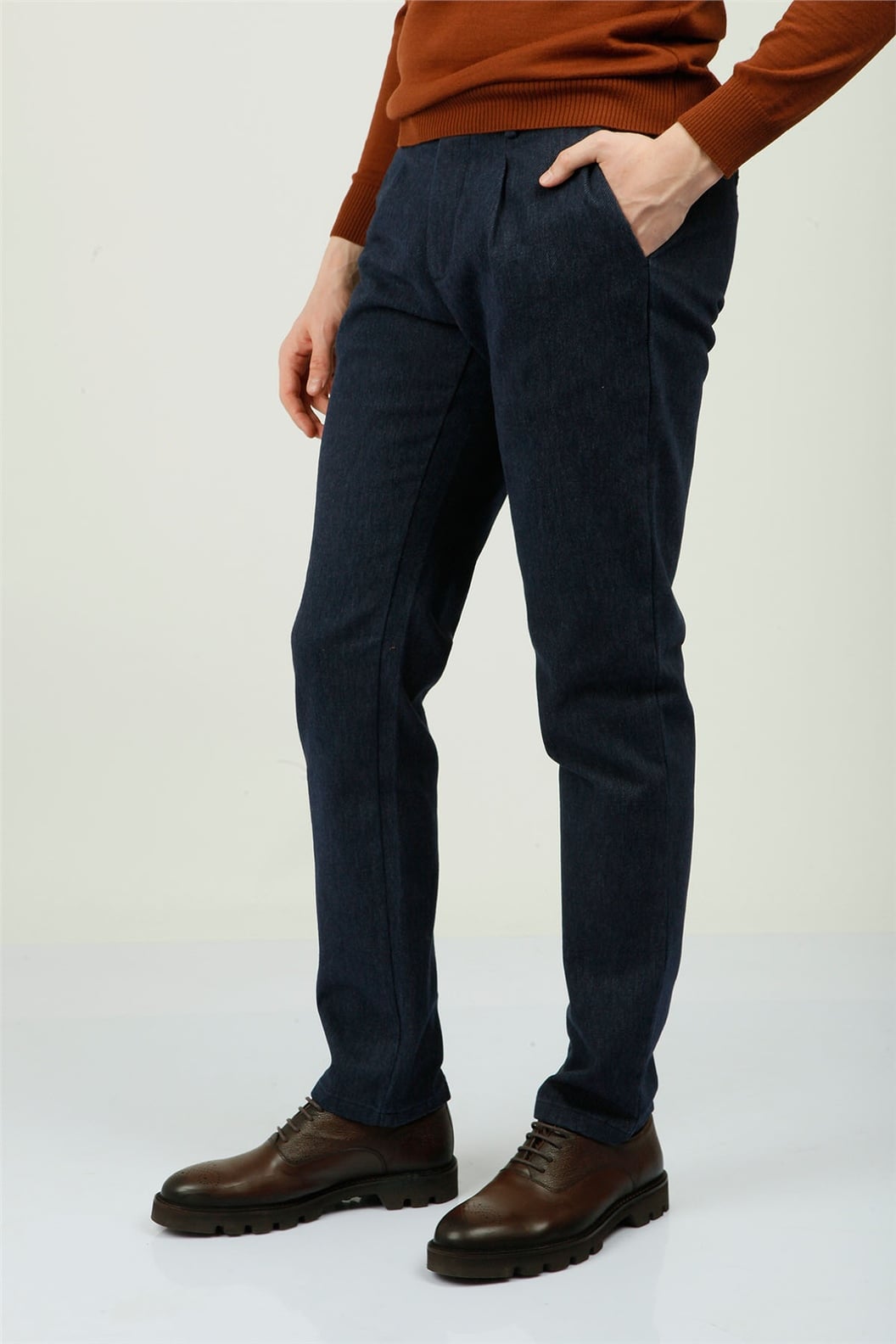 Lacivert Slim Fit Pileli Pantolon