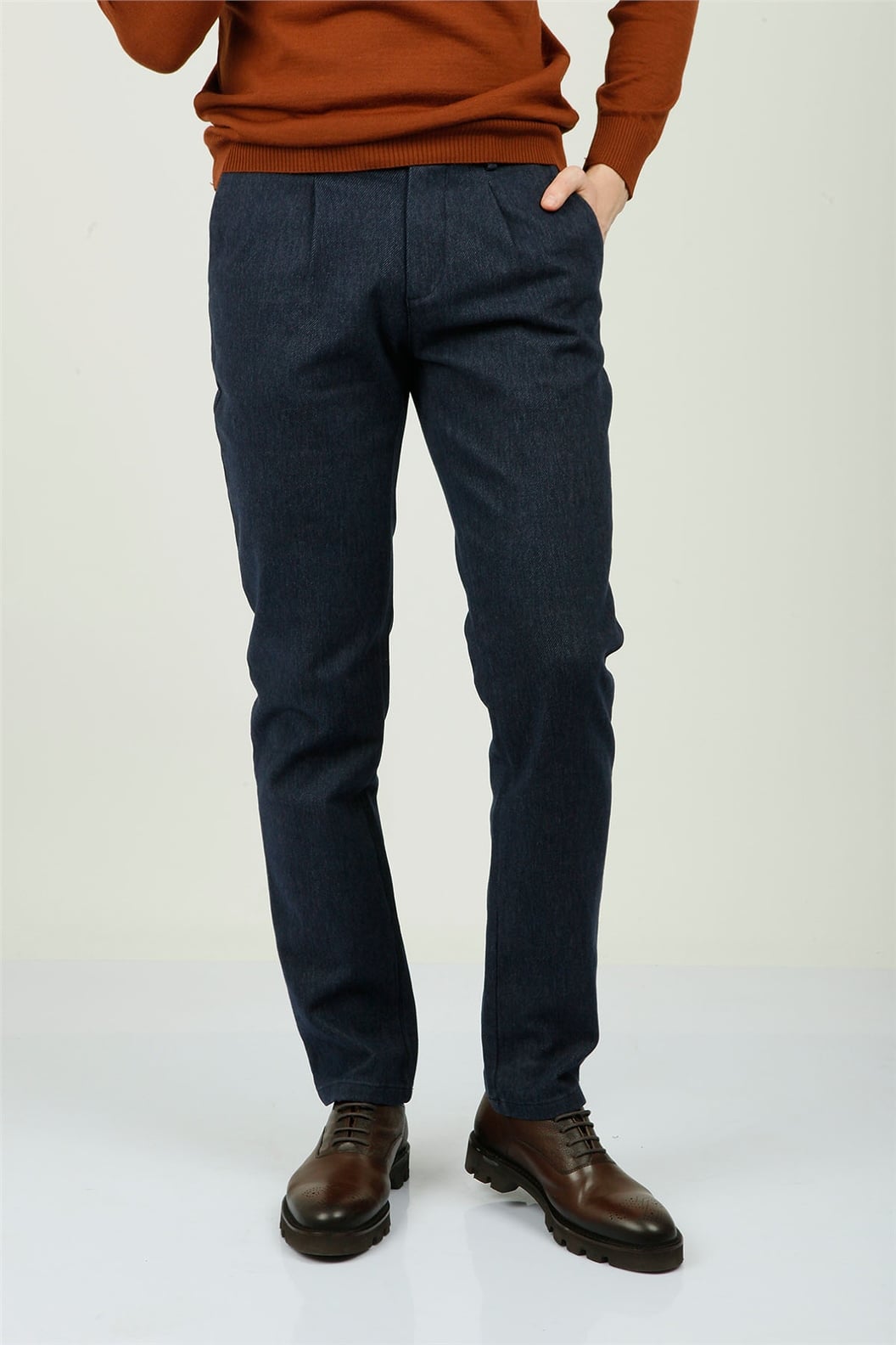 Lacivert Slim Fit Pileli Pantolon