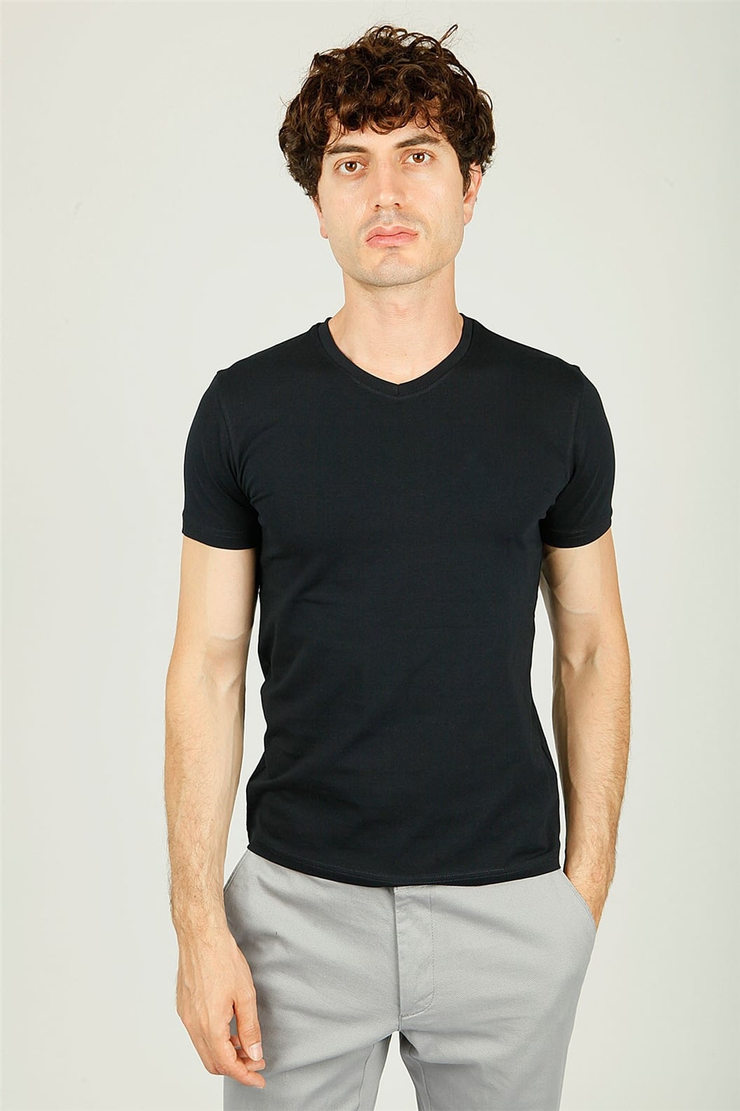 Lacivert V Yaka Basic Slim Fit T-shirt