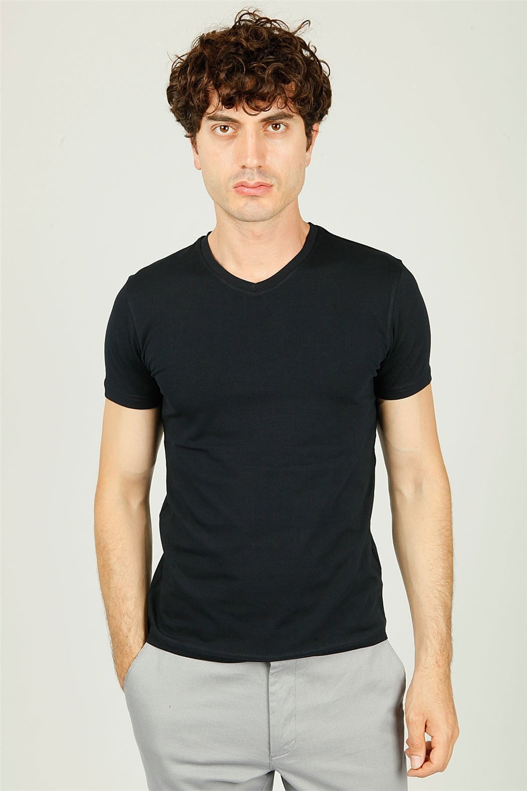 Lacivert V Yaka Basic Slim Fit T-shirt