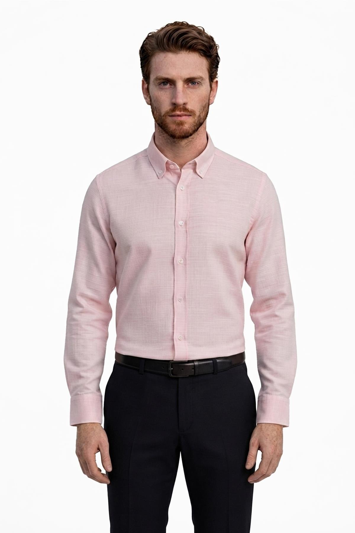 PEMBE Keten , Confort Fit , Uzun Kol , Çizgili Gömlek