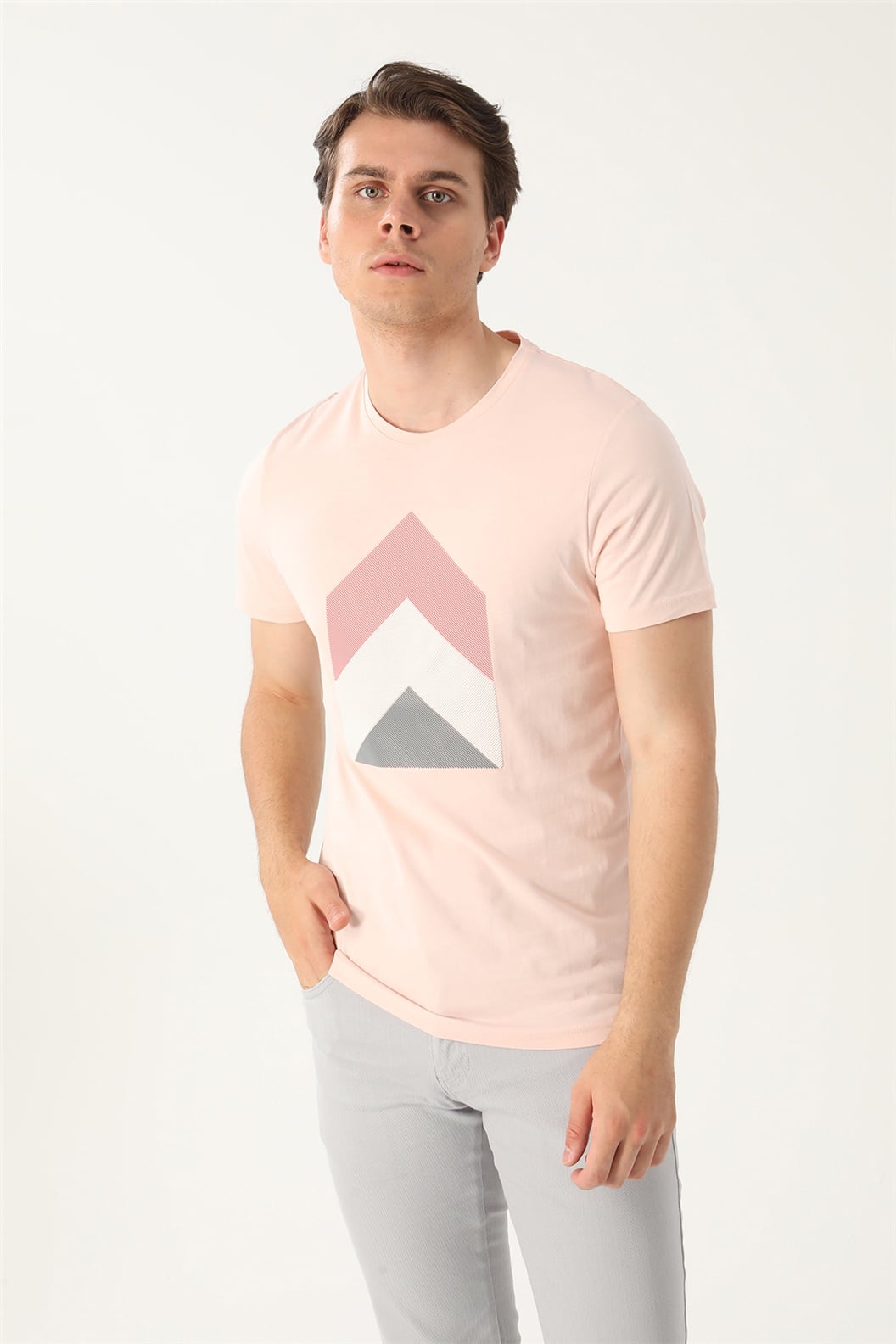 Pembe Slim Fit Bisiklet Yaka Baskılı T-Shirt