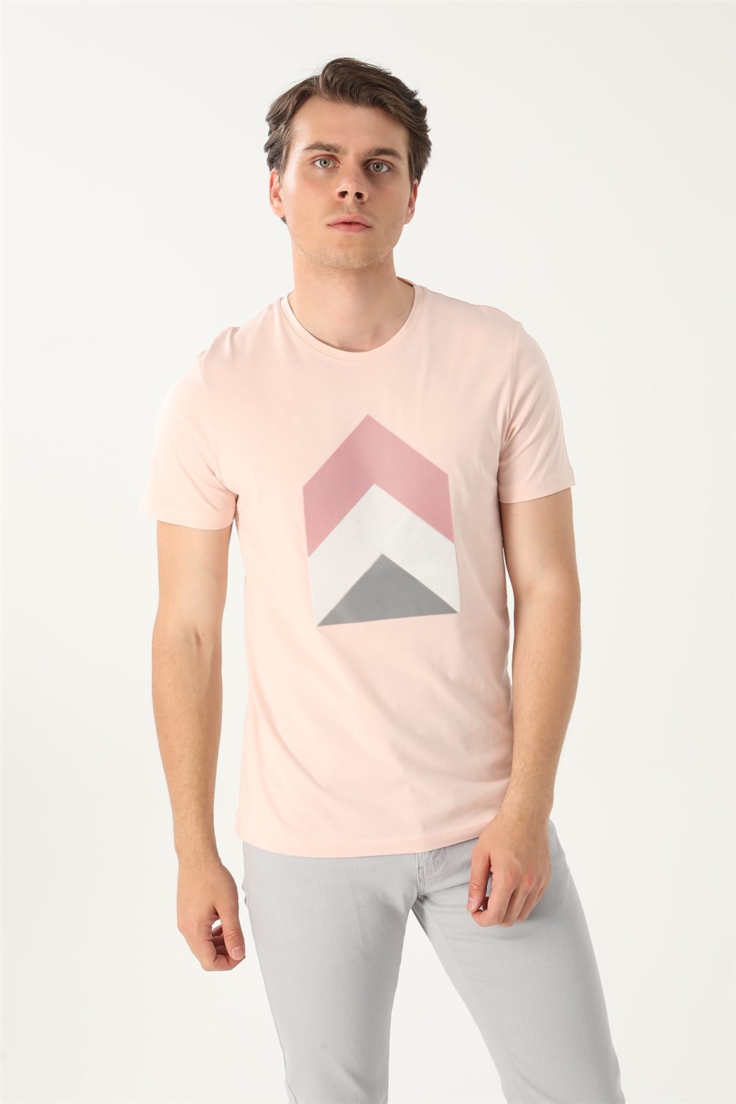 Pembe Slim Fit Bisiklet Yaka Baskılı T-Shirt